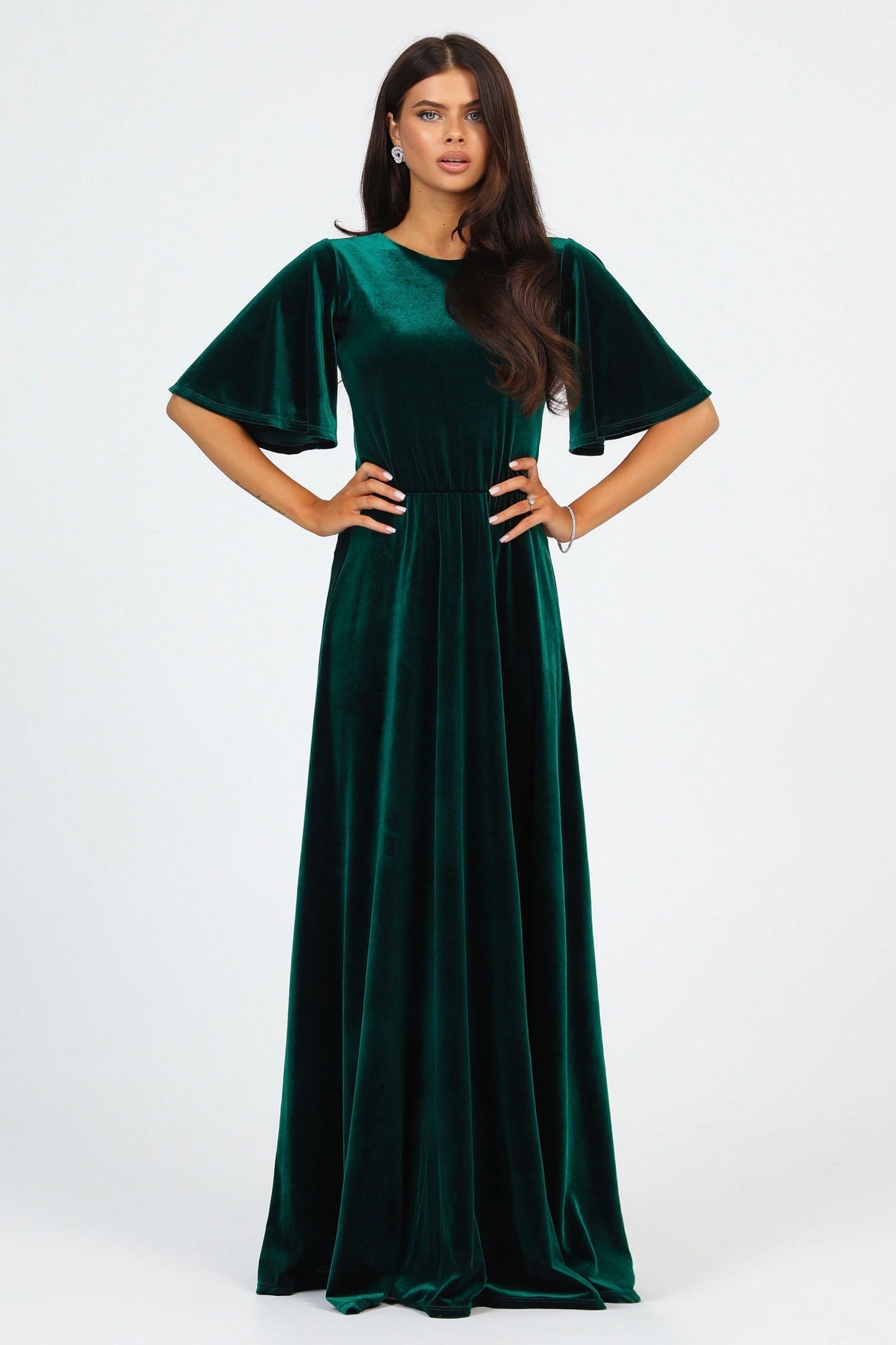 Dark Green Velvet Round Neckline Dress Flutter Sleeves