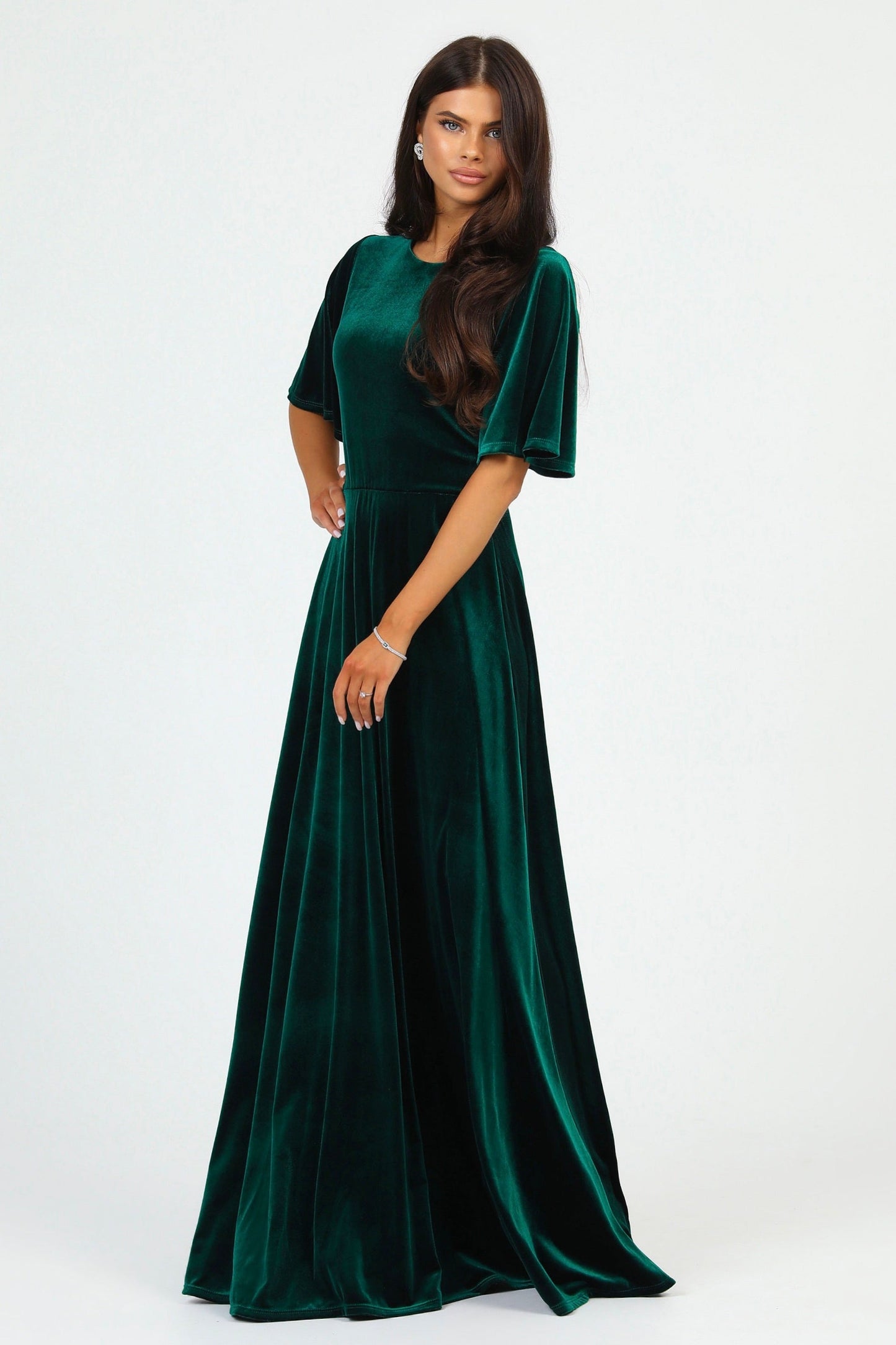 Dark Green Velvet Round Neckline Dress Flutter Sleeves