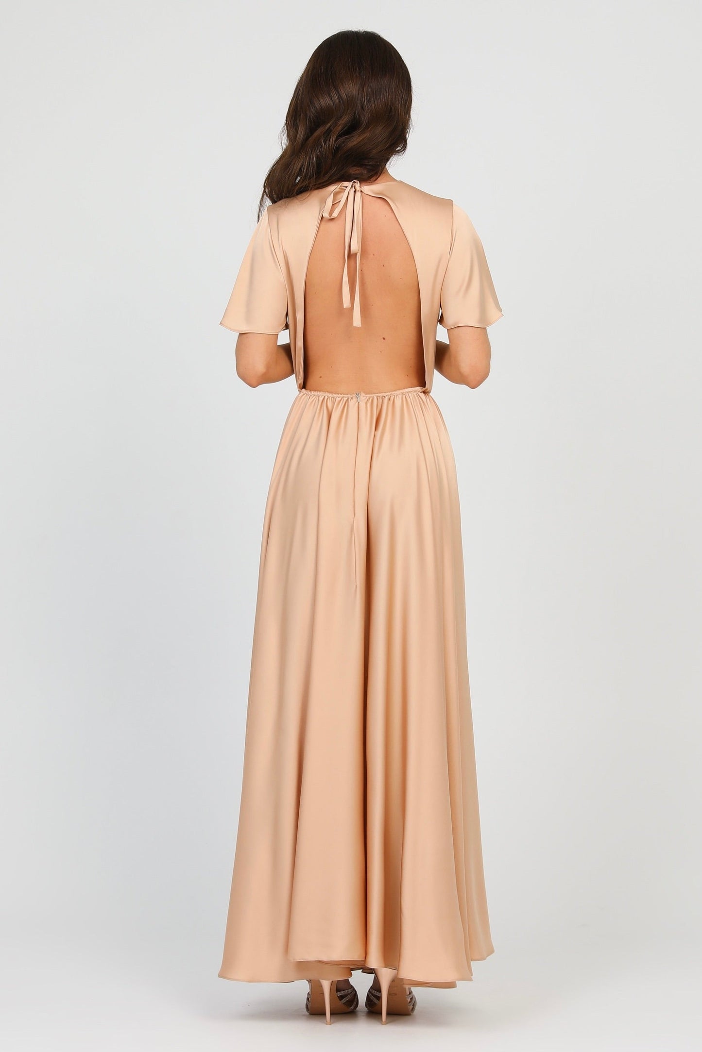 Beige Sand Silk Satin Dress V Neckline Flutter Sleeves