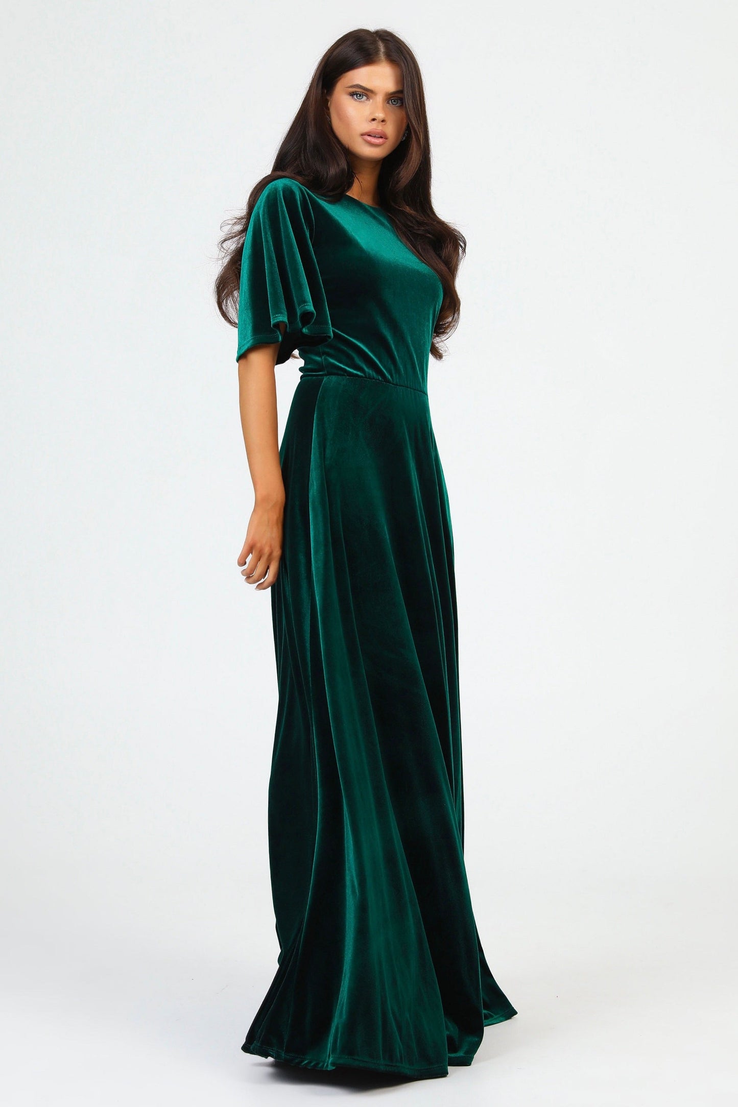 Dark Green Velvet Round Neckline Dress Flutter Sleeves