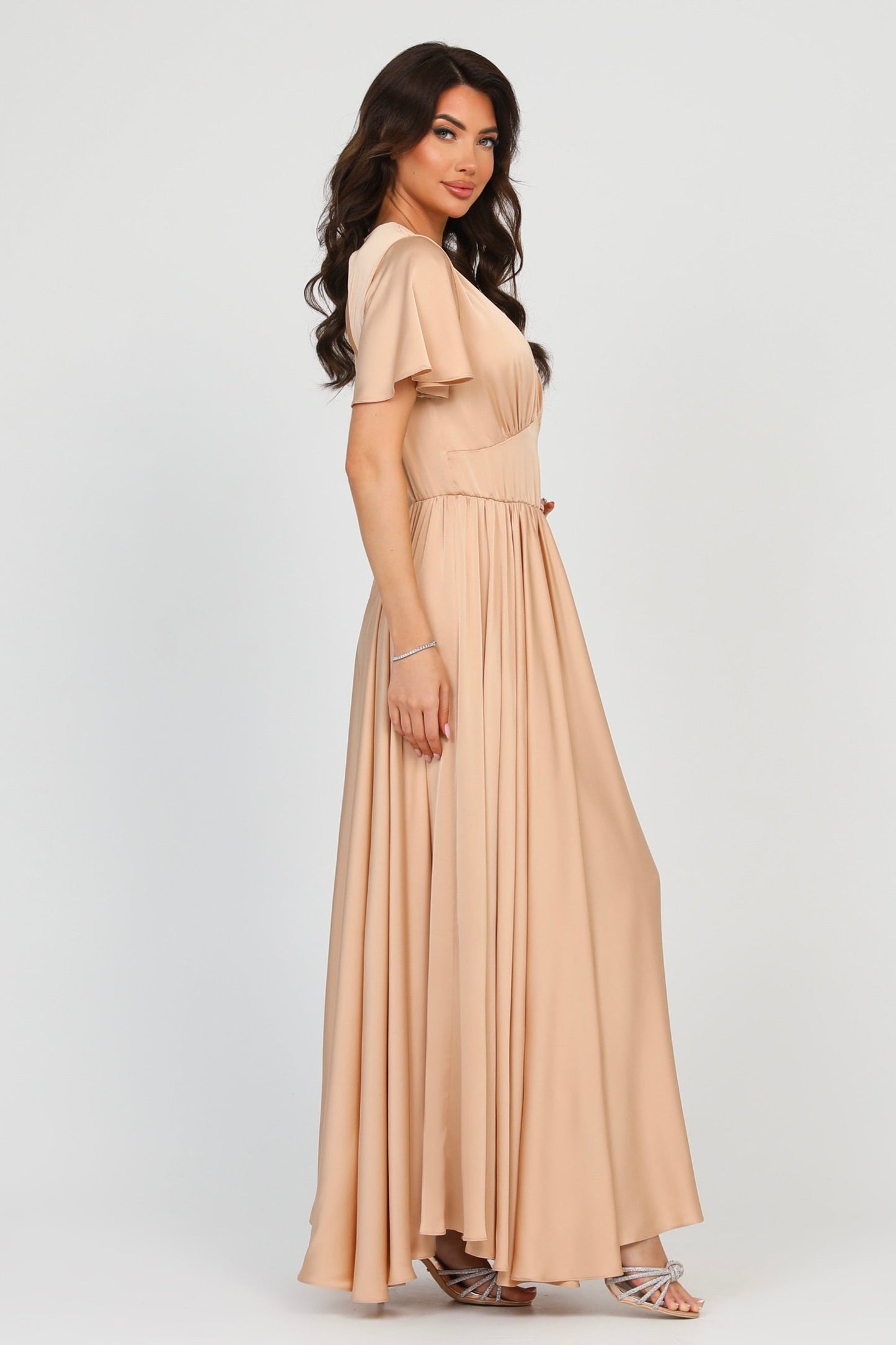 Beige Sand Silk Satin Dress V Neckline Flutter Sleeves