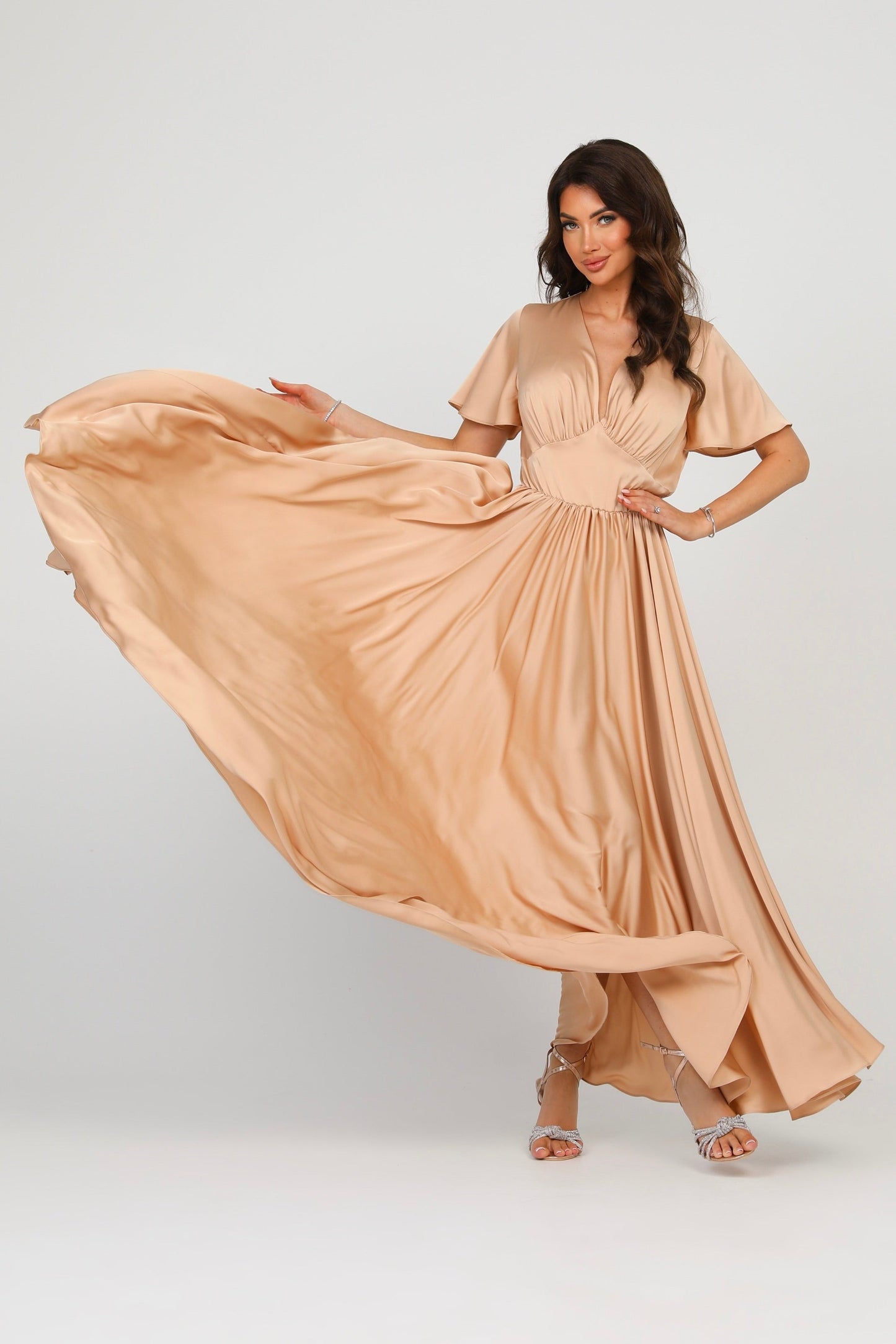 Beige Sand Silk Satin Dress V Neckline Flutter Sleeves