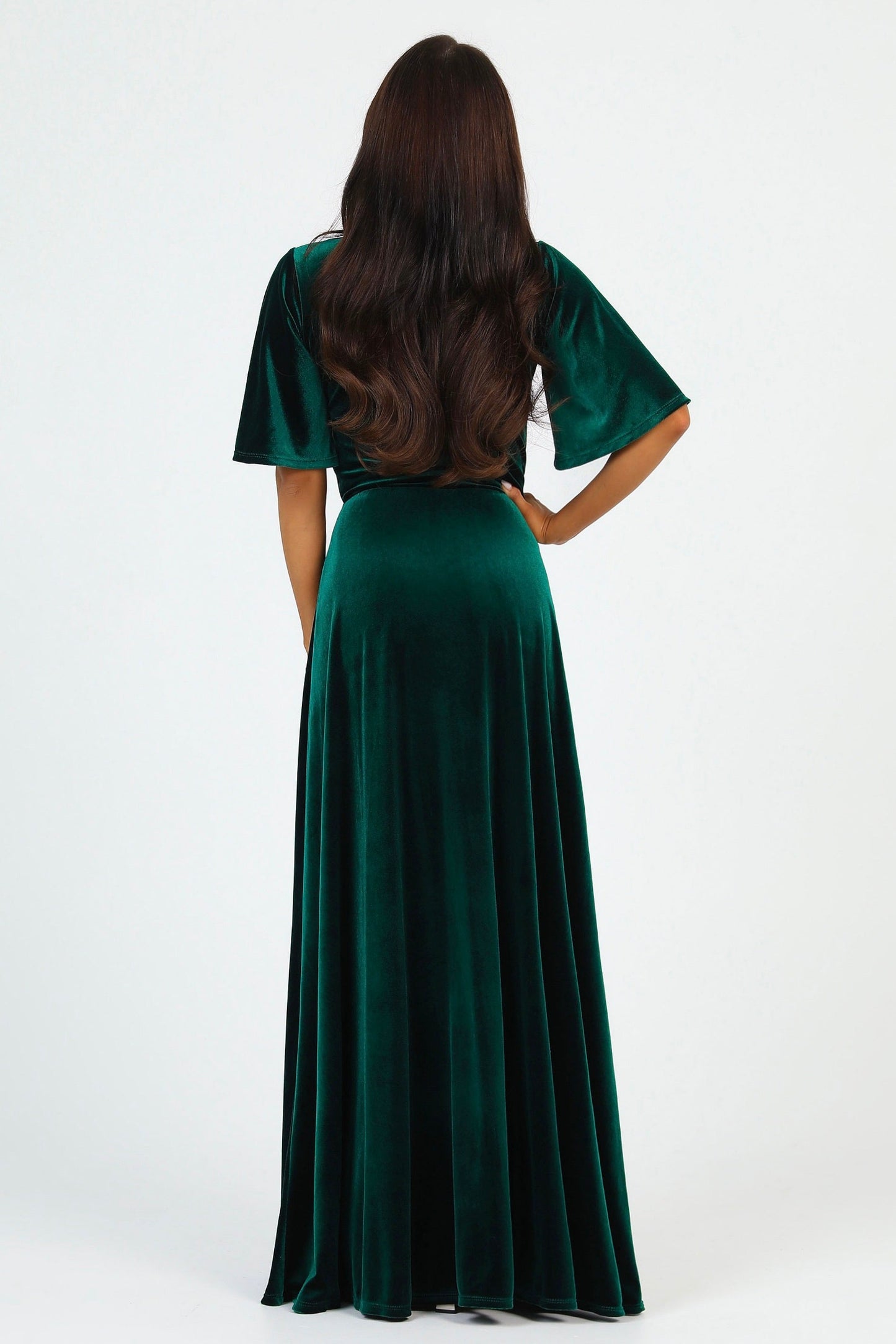 Dark Green Velvet Round Neckline Dress Flutter Sleeves