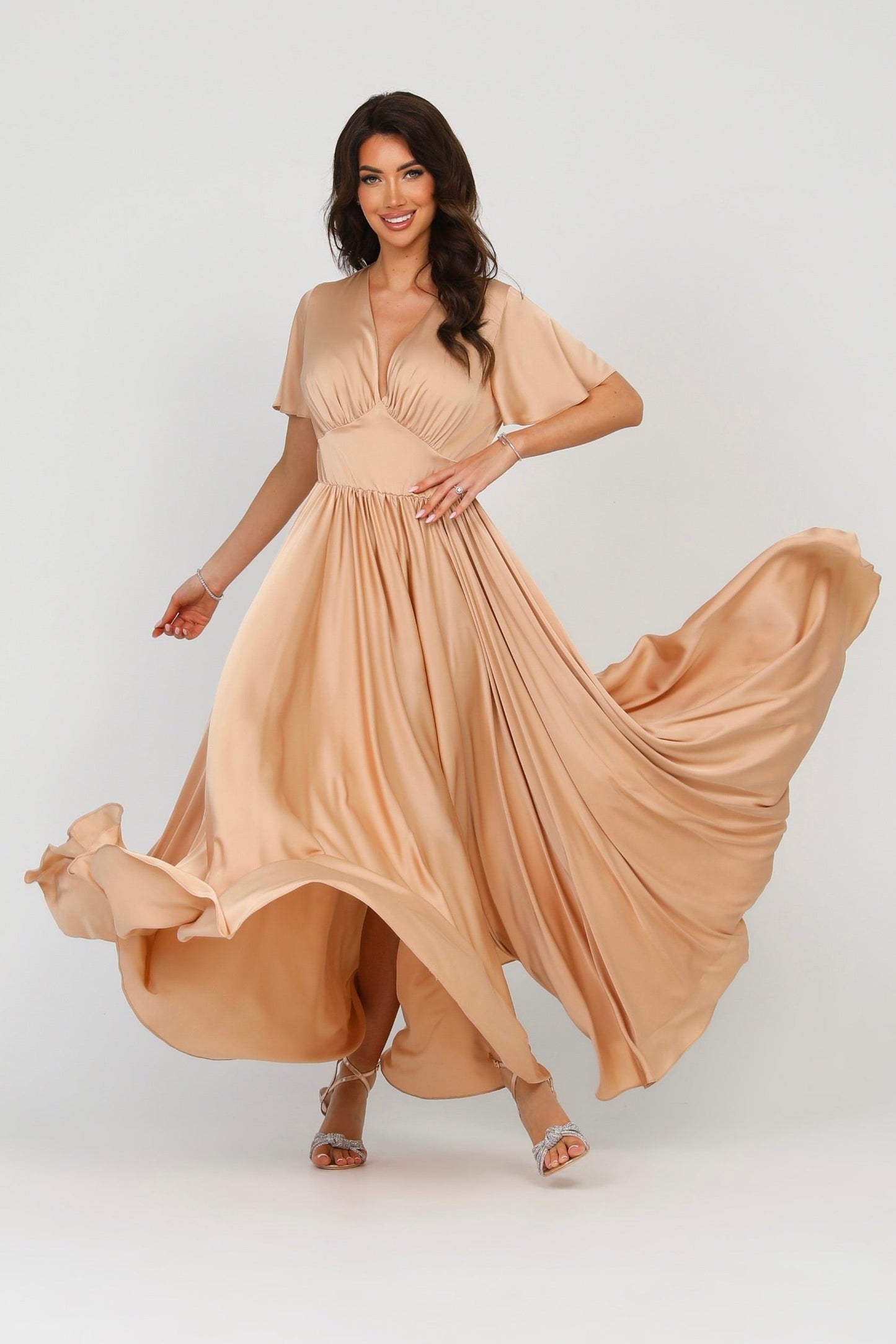 Beige Sand Silk Satin Dress V Neckline Flutter Sleeves