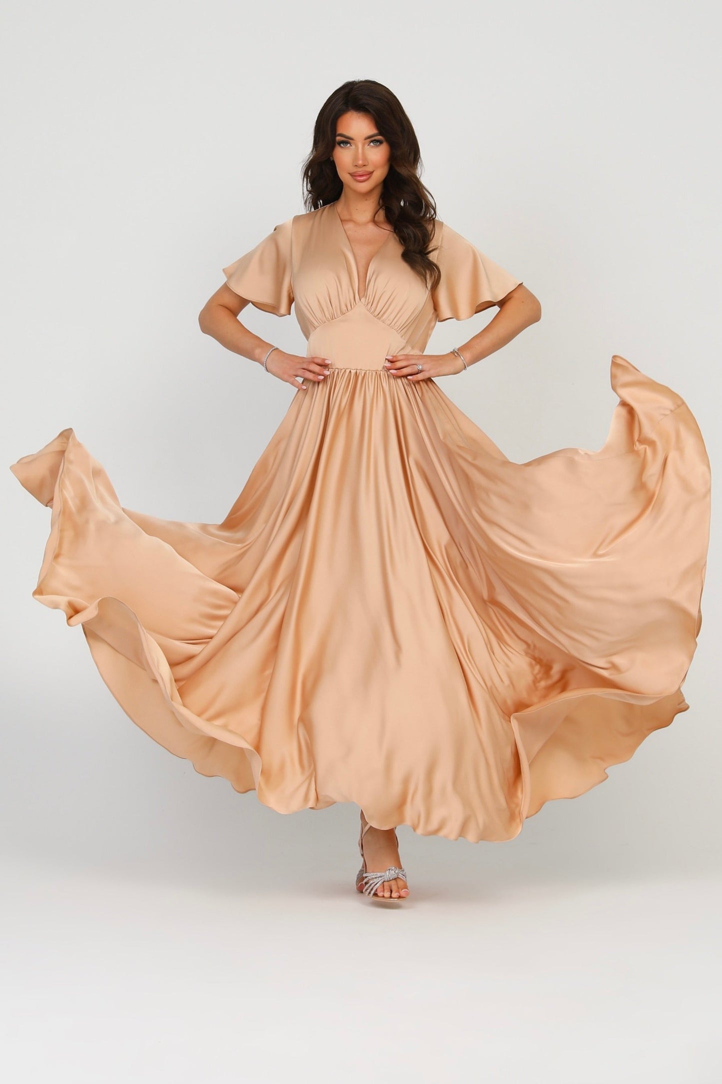 Beige Sand Silk Satin Dress V Neckline Flutter Sleeves