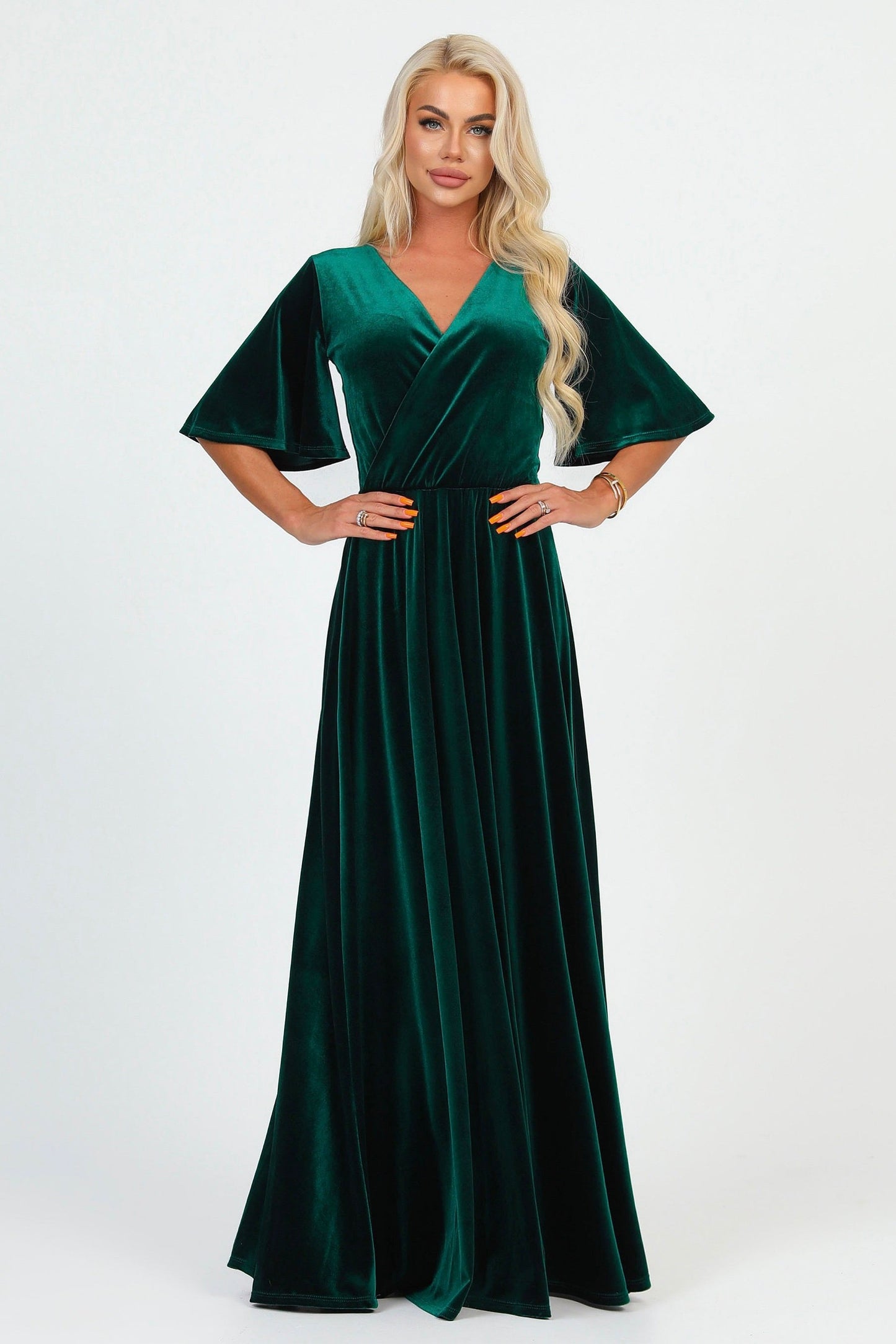 Dark Green Velvet Wrap V Neckline Dress Flutter Sleeves