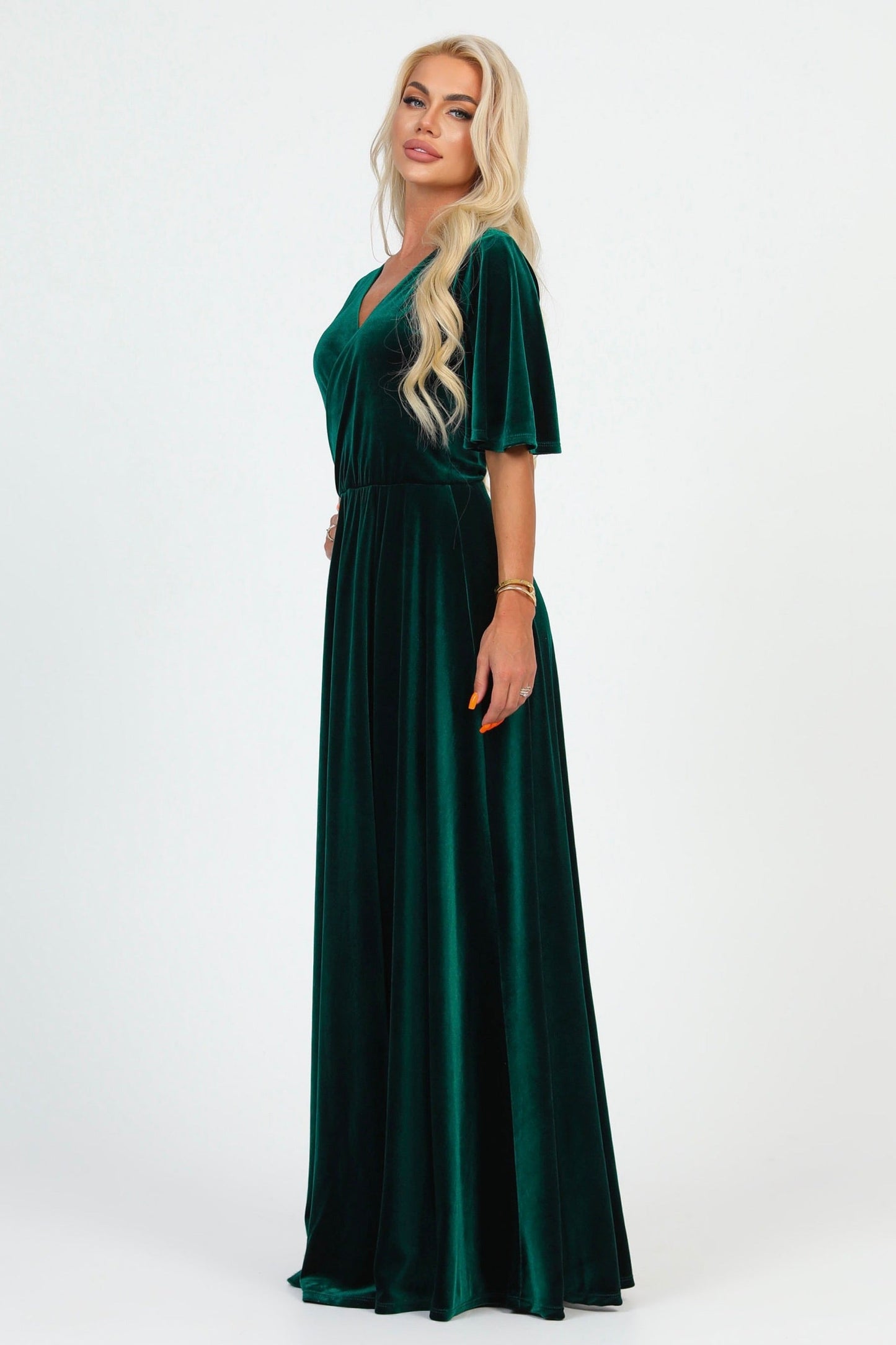 Dark Green Velvet Wrap V Neckline Dress Flutter Sleeves