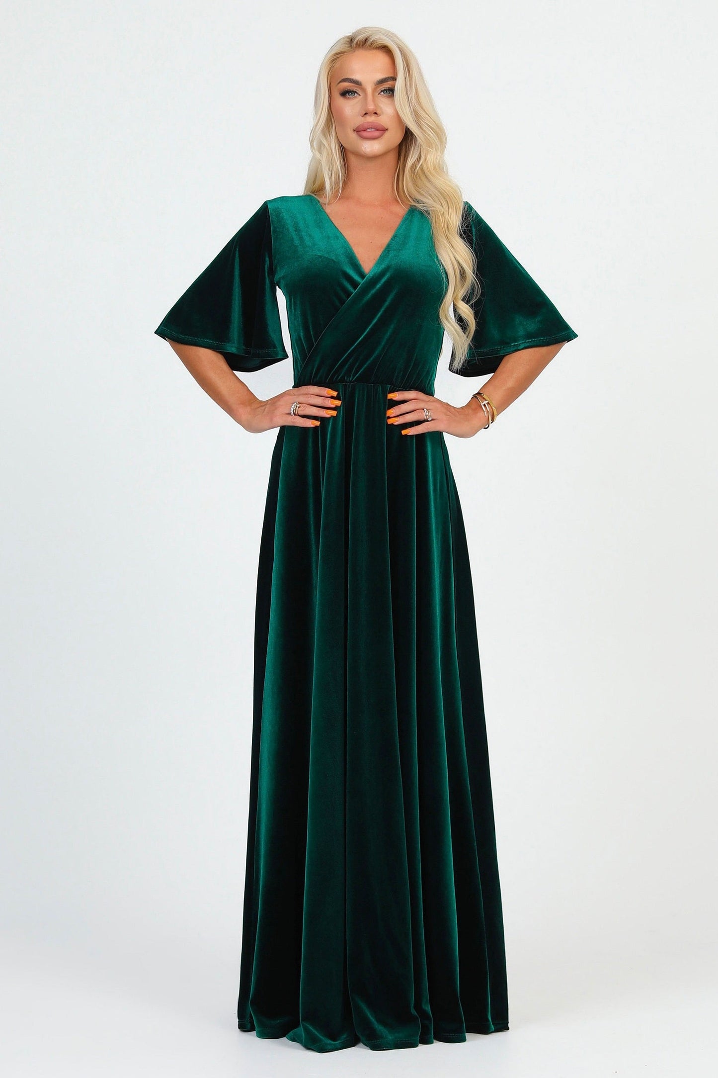 Dark Green Velvet Wrap V Neckline Dress Flutter Sleeves