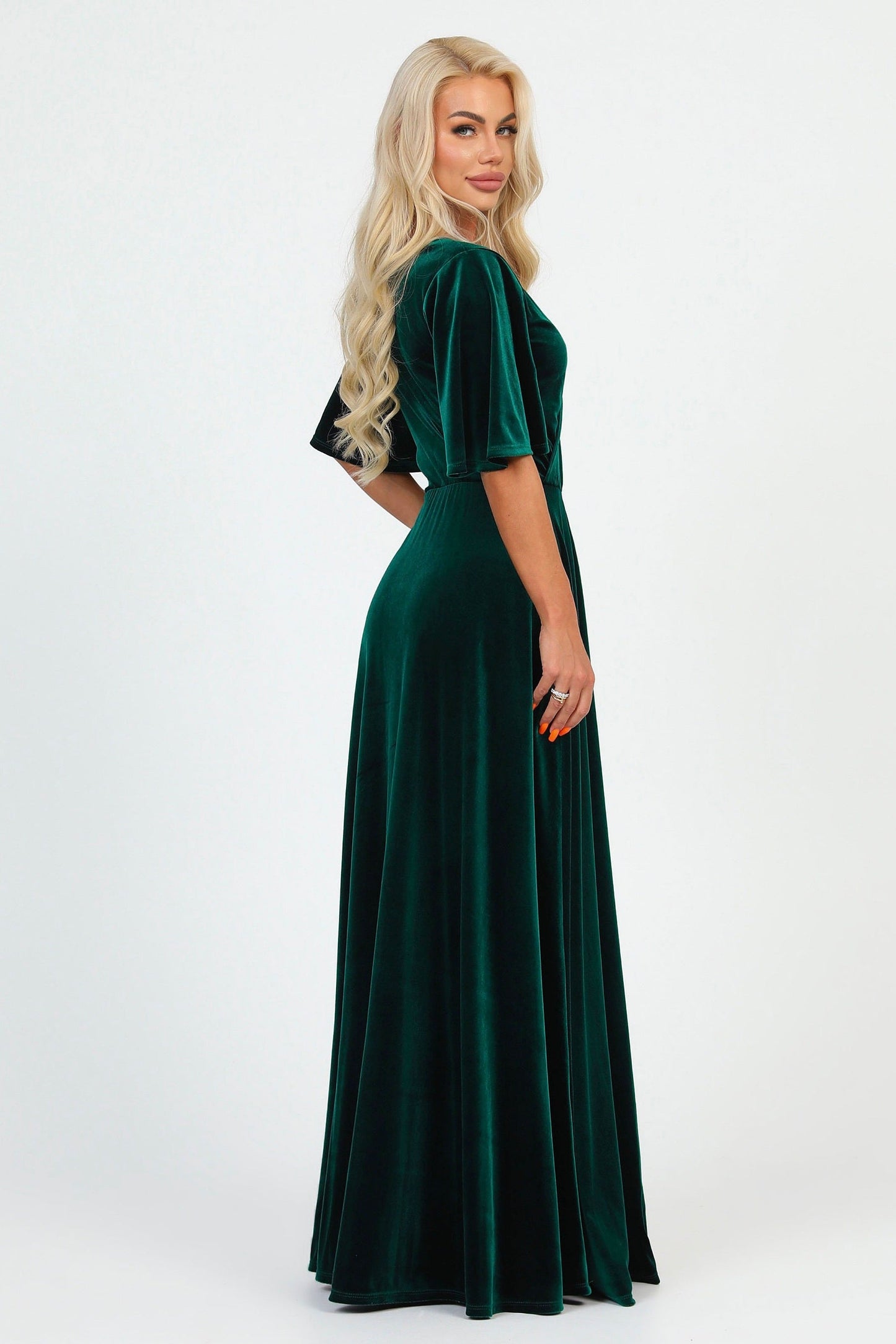 Dark Green Velvet Wrap V Neckline Dress Flutter Sleeves