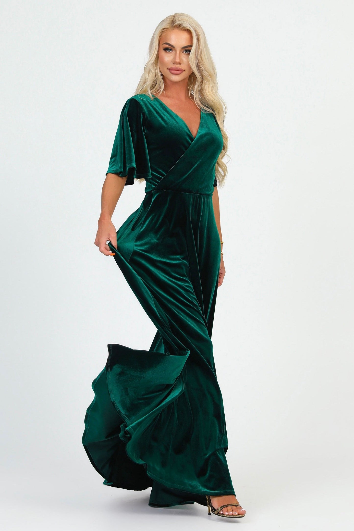 Dark Green Velvet Wrap V Neckline Dress Flutter Sleeves