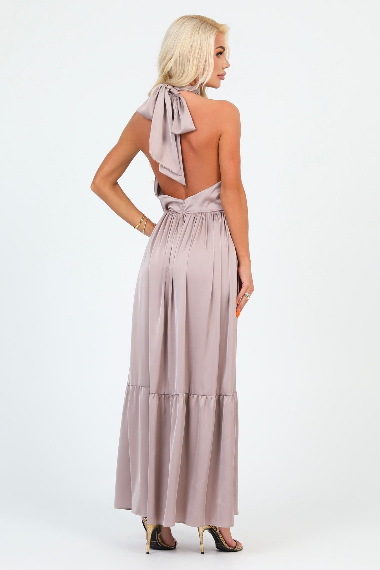 Cappuccino Silk Satin Dress Halter Neckline