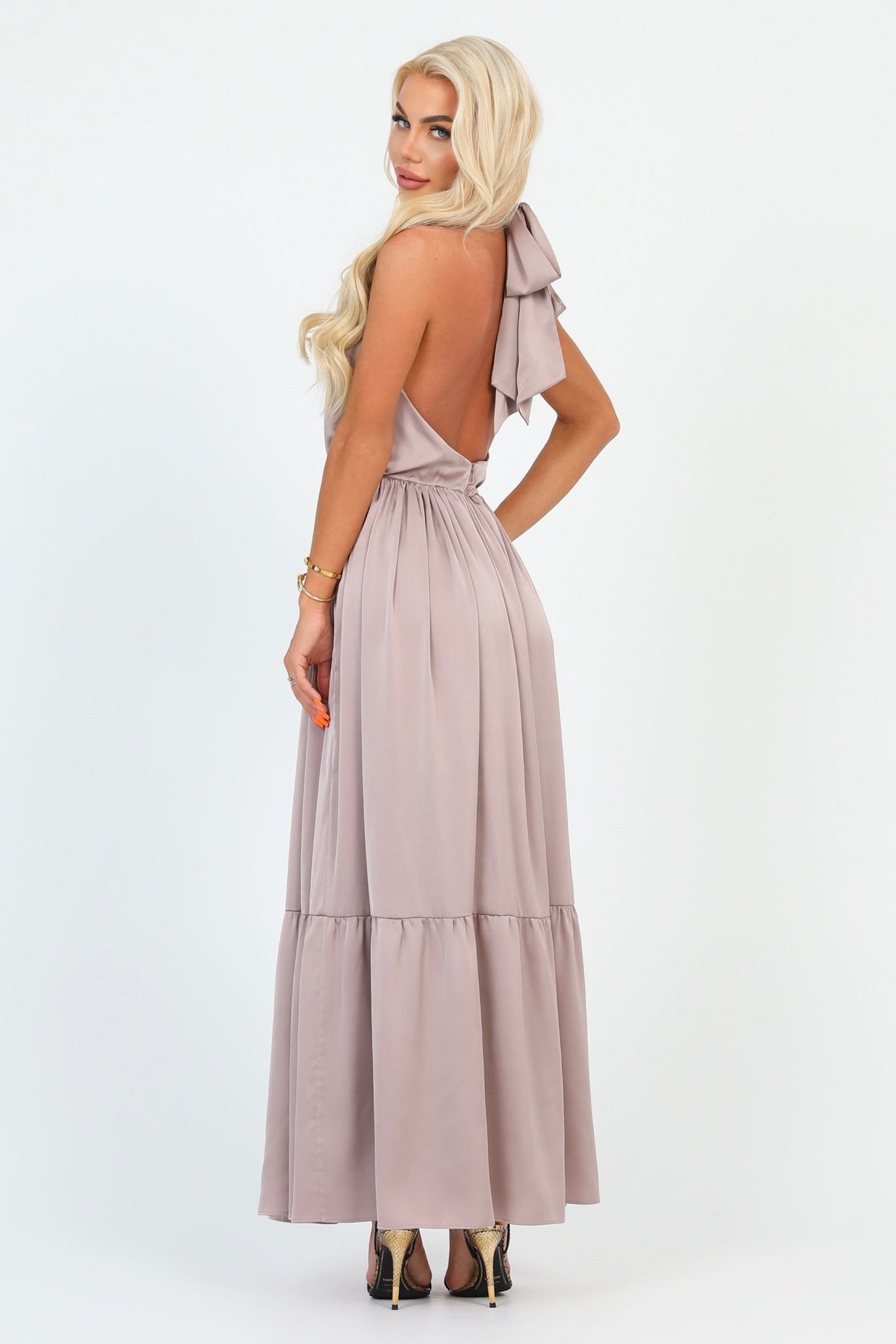 Cappuccino Silk Satin Dress Halter Neckline