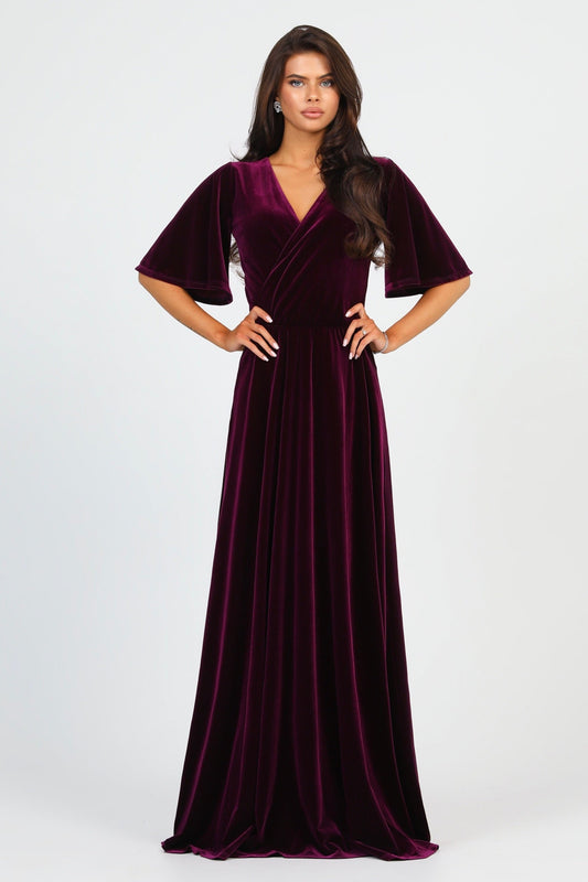 Dark Purple Velvet Wrap V Neckline Dress Flutter Sleeves