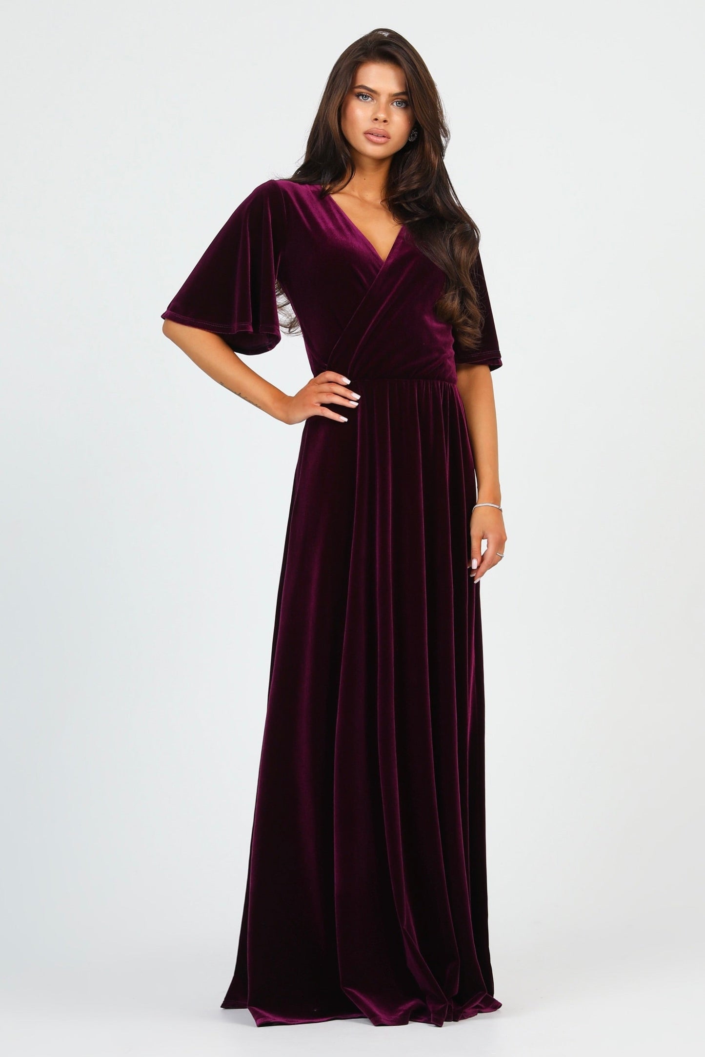 Dark Purple Velvet Wrap V Neckline Dress Flutter Sleeves