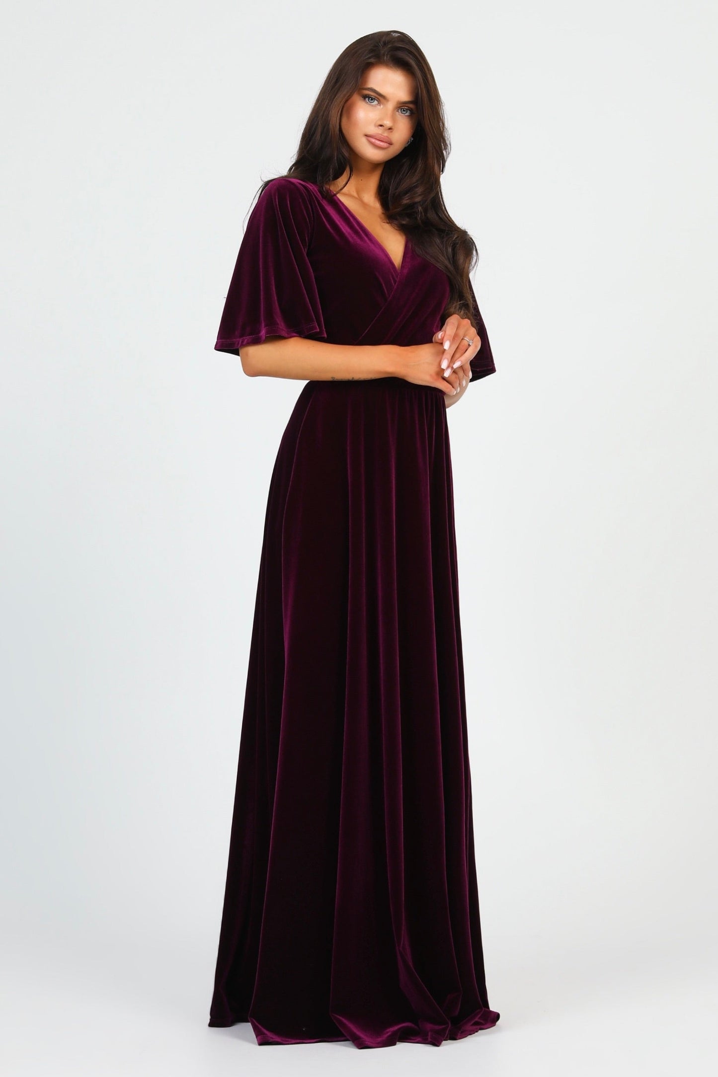 Dark Purple Velvet Wrap V Neckline Dress Flutter Sleeves