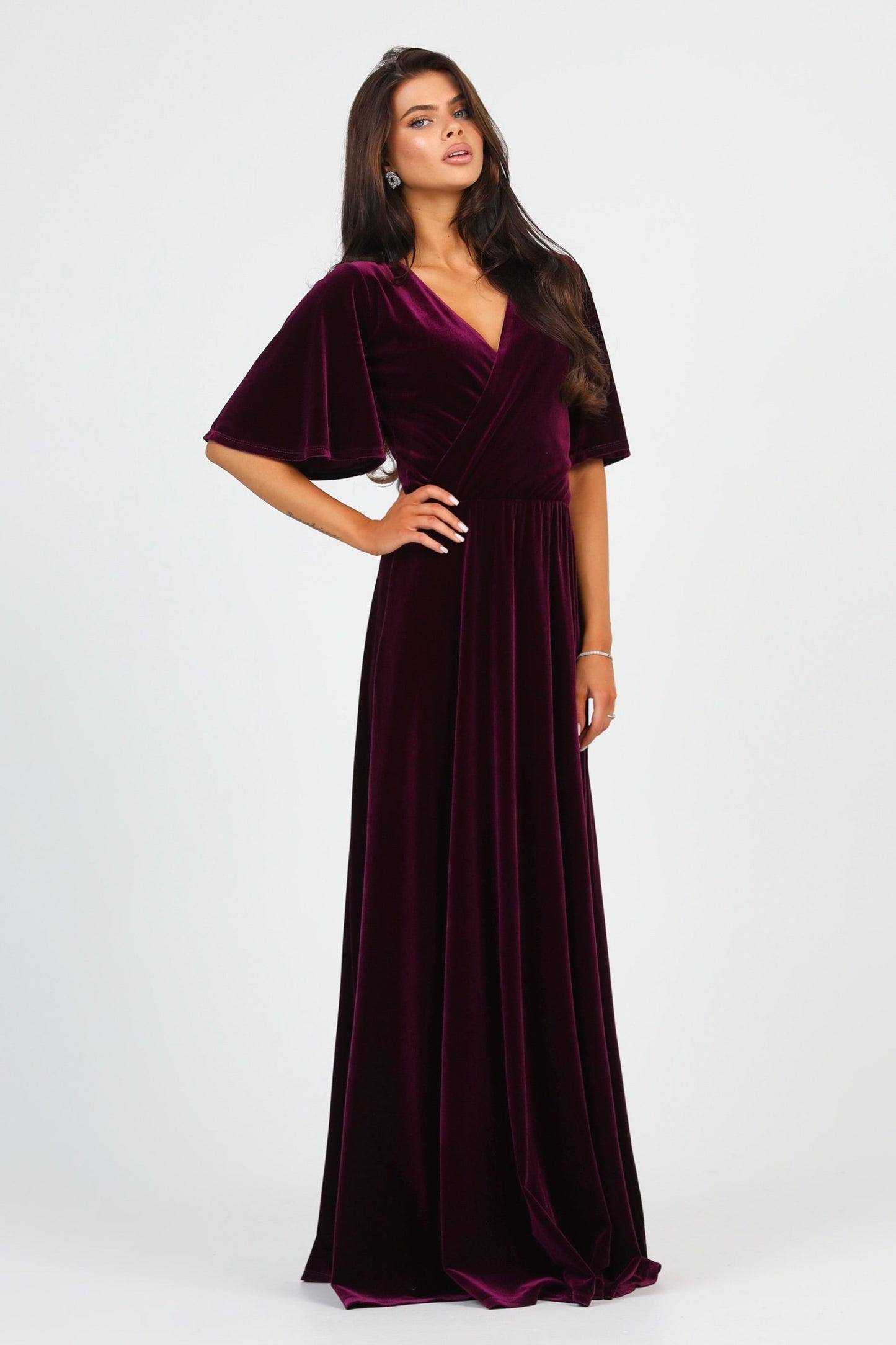 Dark Purple Velvet Wrap V Neckline Dress Flutter Sleeves