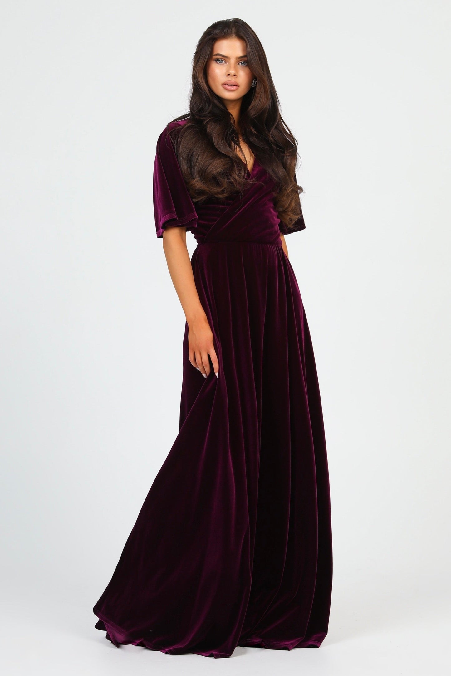 Dark Purple Velvet Wrap V Neckline Dress Flutter Sleeves