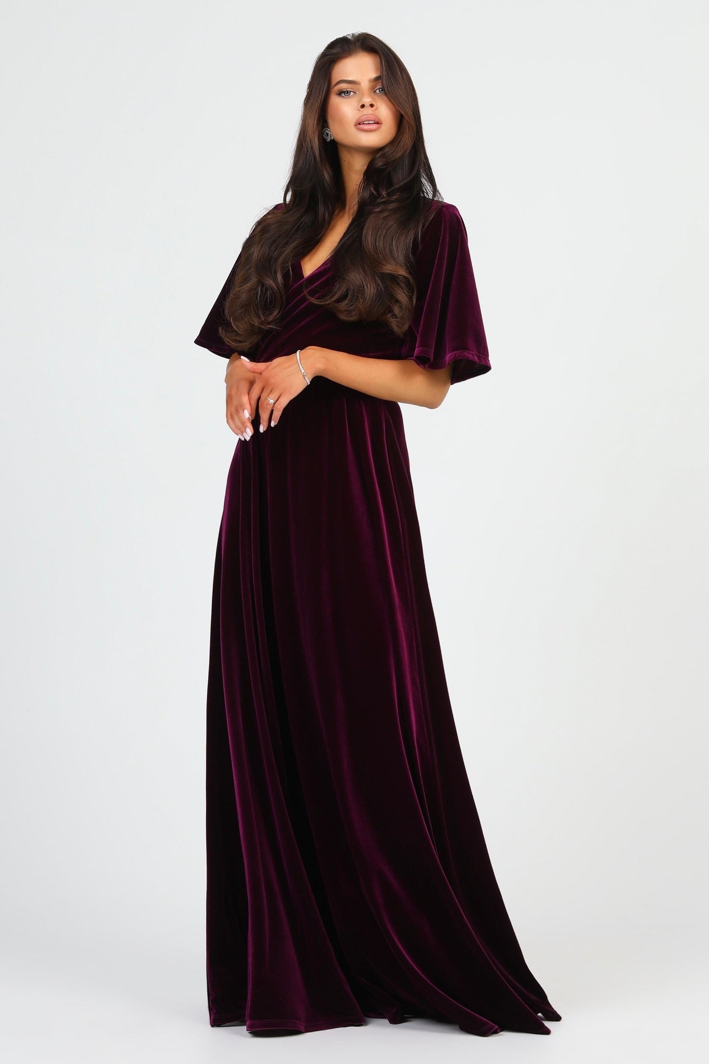 Dark Purple Velvet Wrap V Neckline Dress Flutter Sleeves