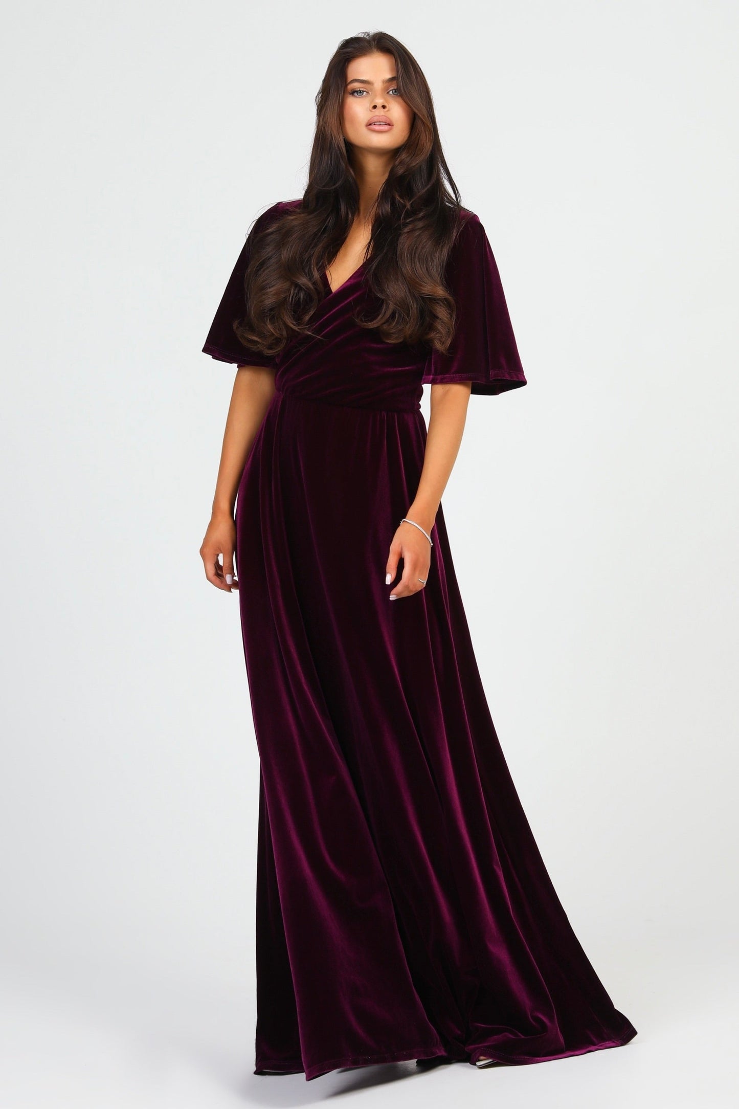 Dark Purple Velvet Wrap V Neckline Dress Flutter Sleeves