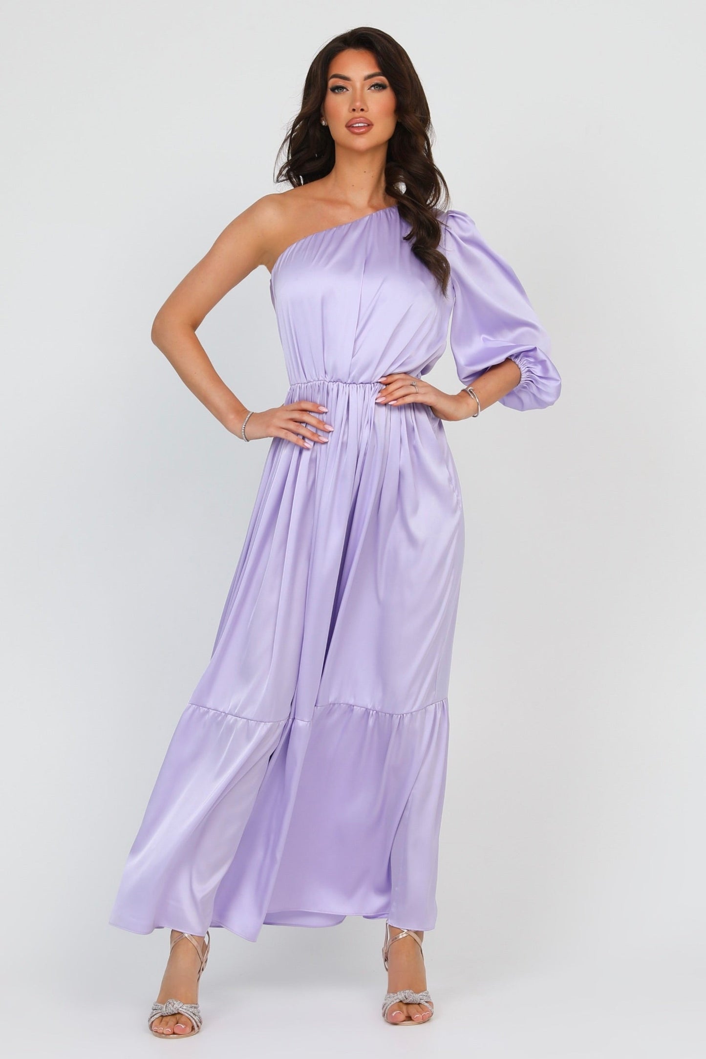 Lilac Silk Satin Dress One Shoulder