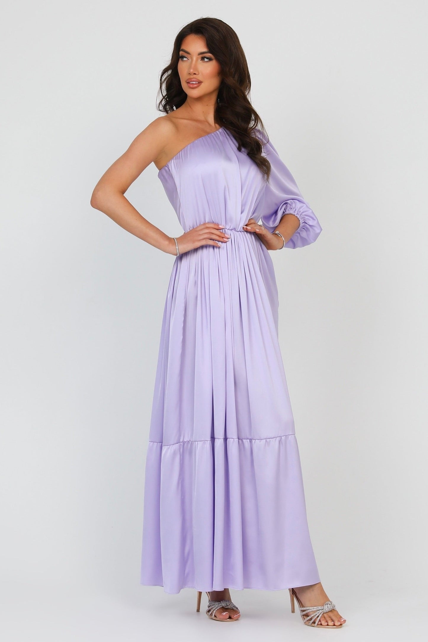 Lilac Silk Satin Dress One Shoulder