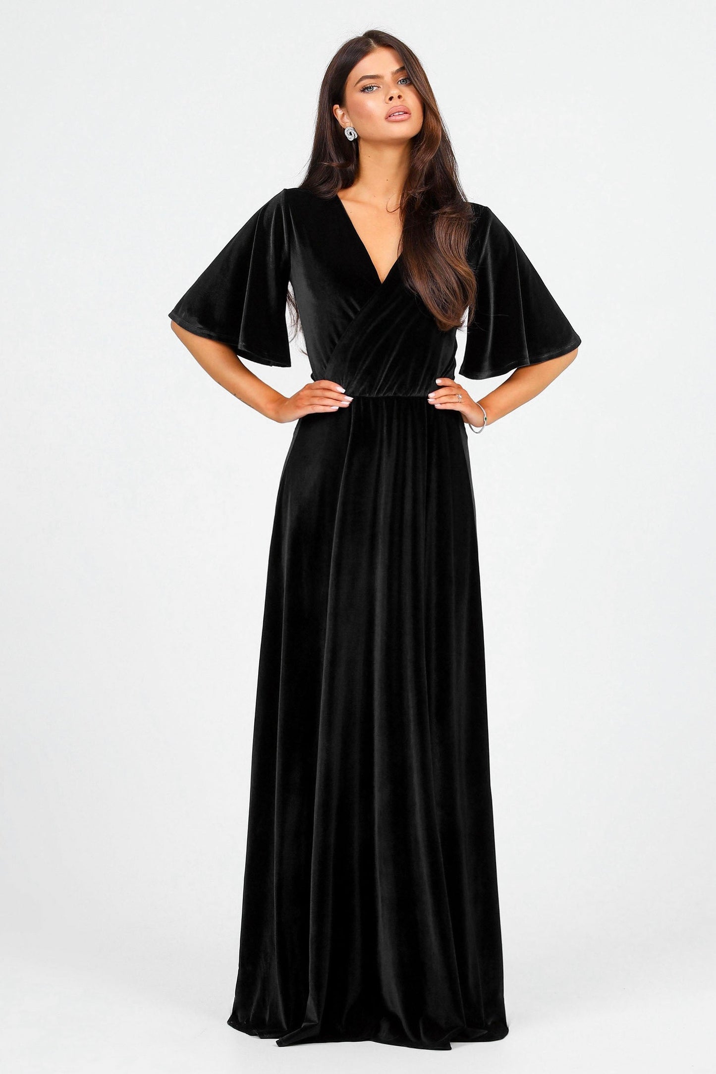 Black Velvet Wrap V Neckline Dress Flutter Sleeves