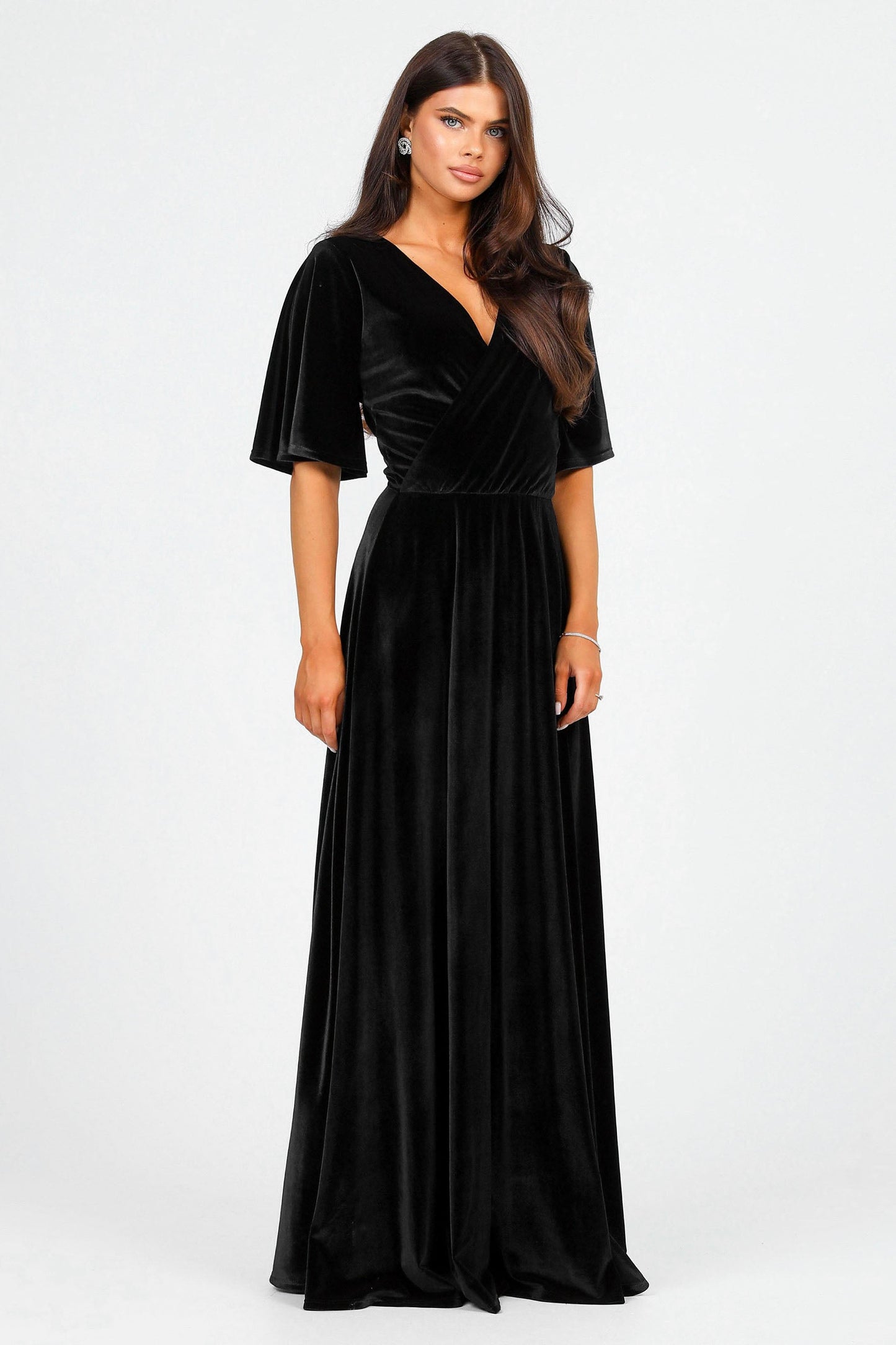 Black Velvet Wrap V Neckline Dress Flutter Sleeves