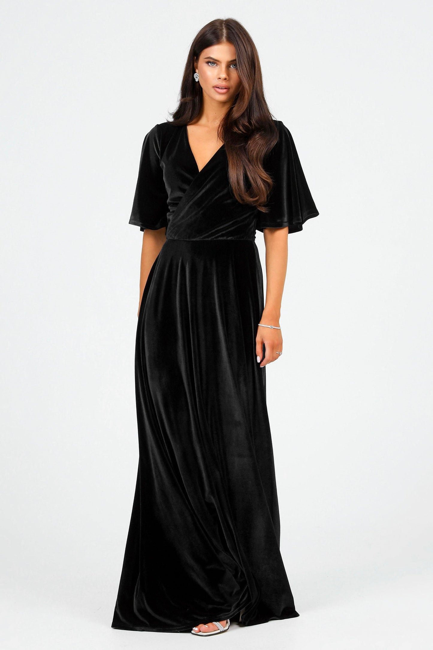 Black Velvet Wrap V Neckline Dress Flutter Sleeves