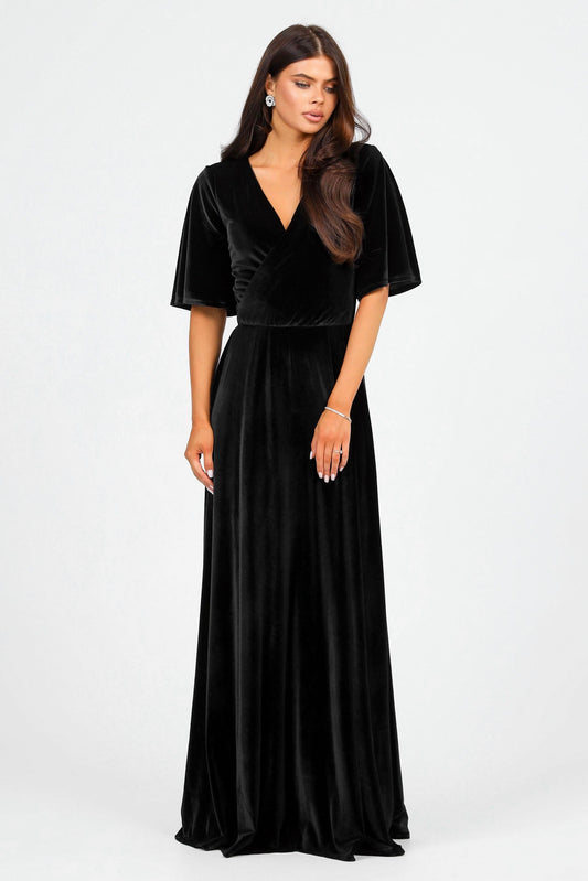 Black Velvet Wrap V Neckline Dress Flutter Sleeves