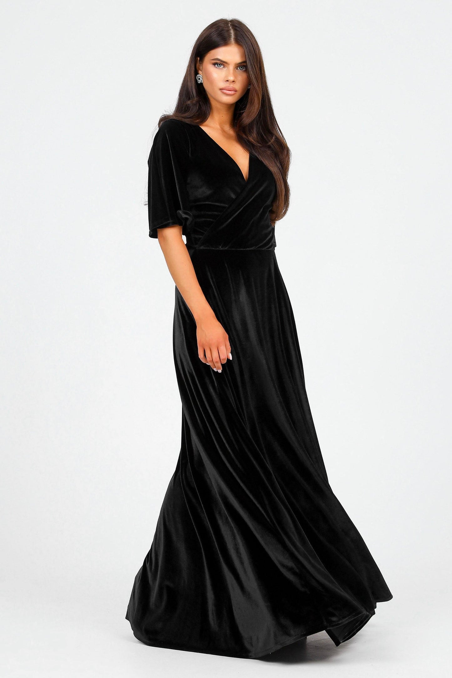 Black Velvet Wrap V Neckline Dress Flutter Sleeves