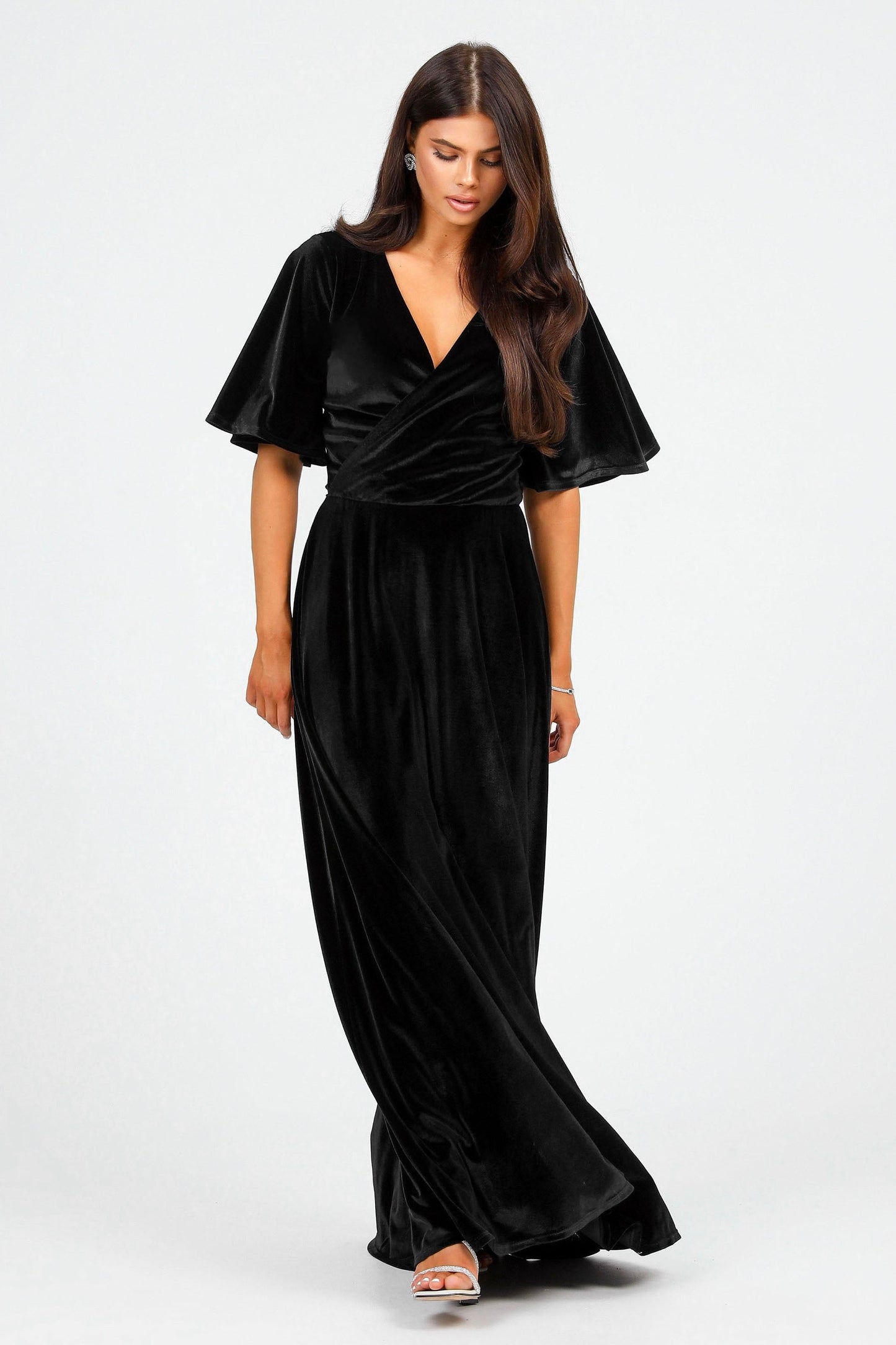 Black Velvet Wrap V Neckline Dress Flutter Sleeves