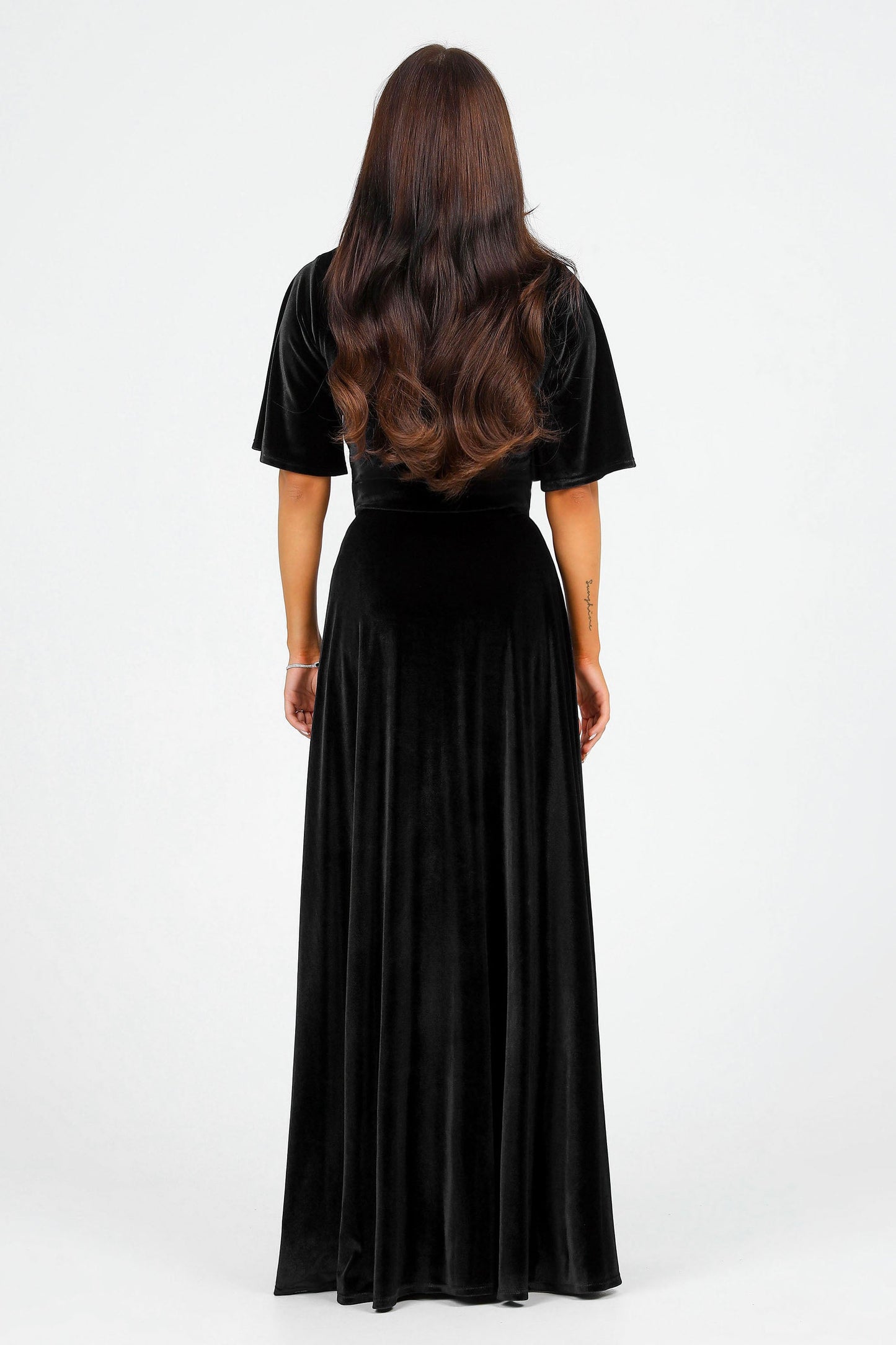 Black Velvet Wrap V Neckline Dress Flutter Sleeves