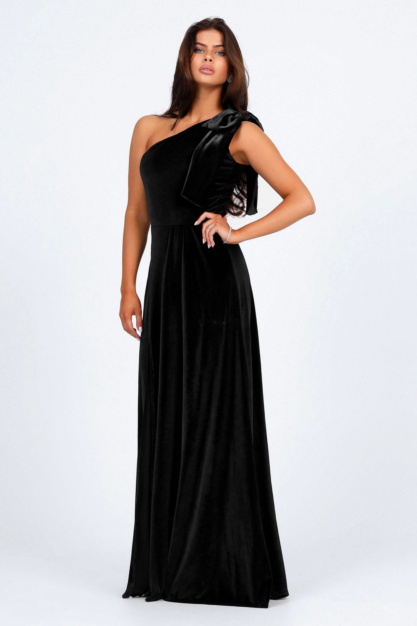 Black Velvet One Shoulder With Shoulder Bow Dress