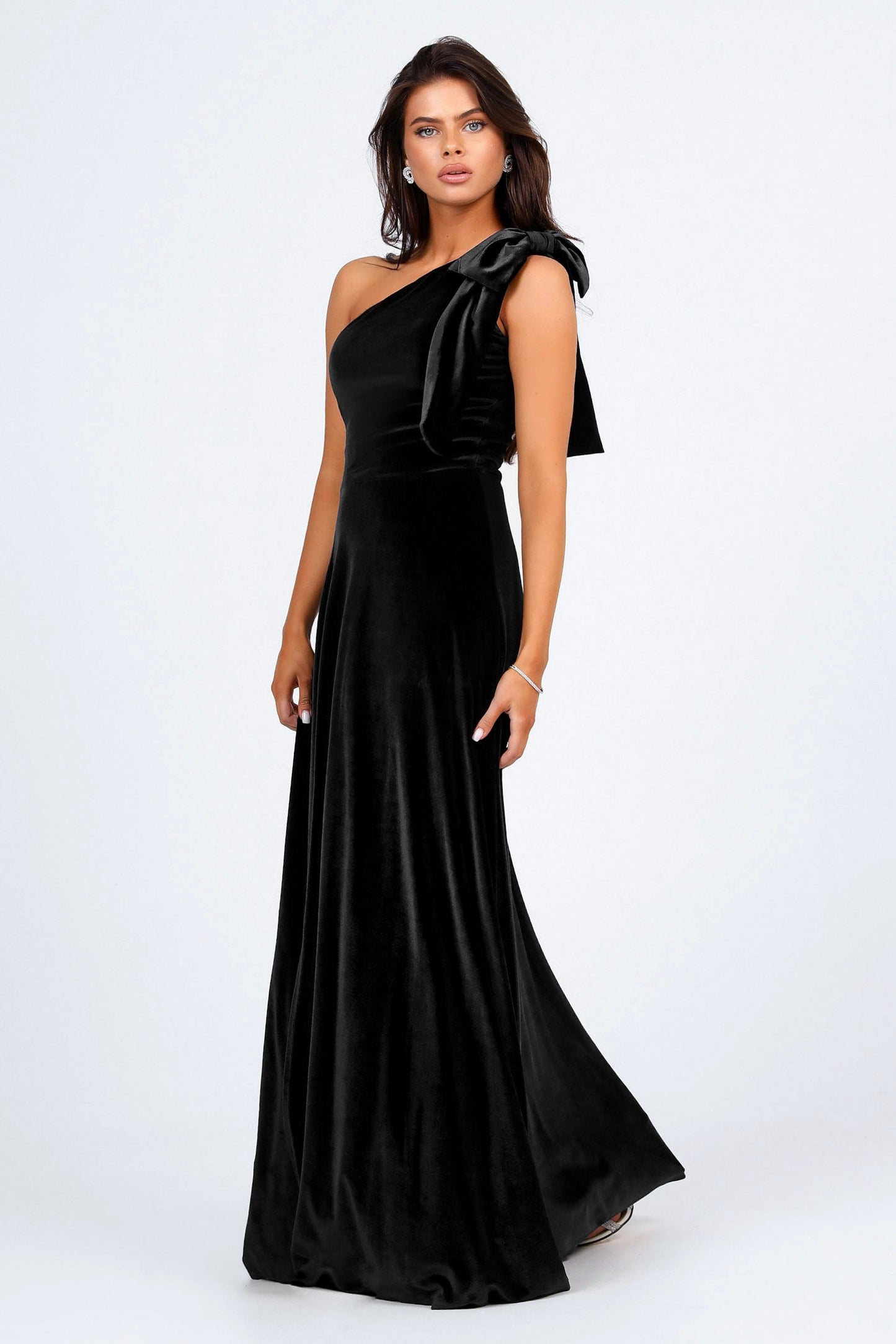 Black Velvet One Shoulder With Shoulder Bow Dress