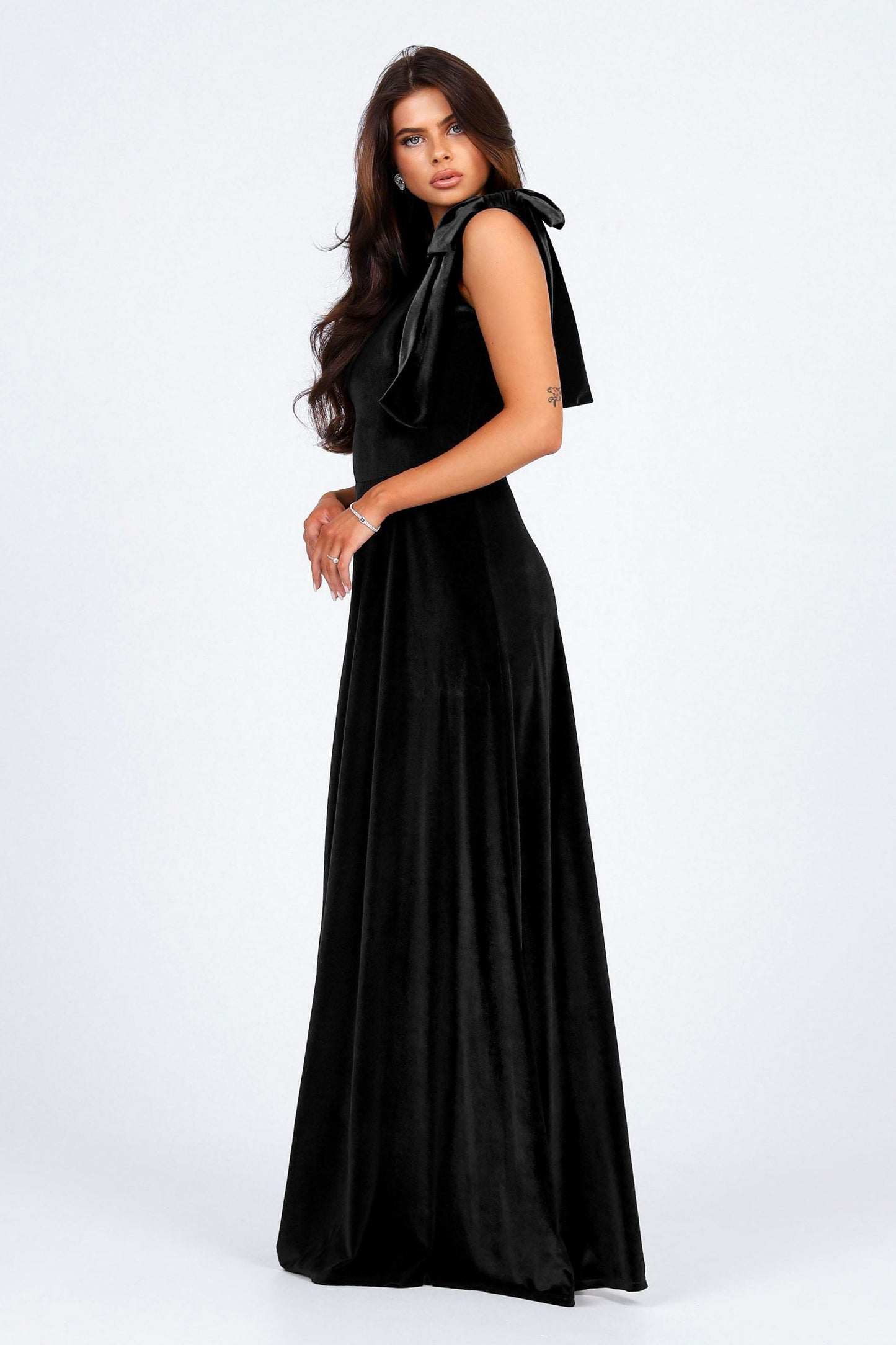 Black Velvet One Shoulder With Shoulder Bow Dress