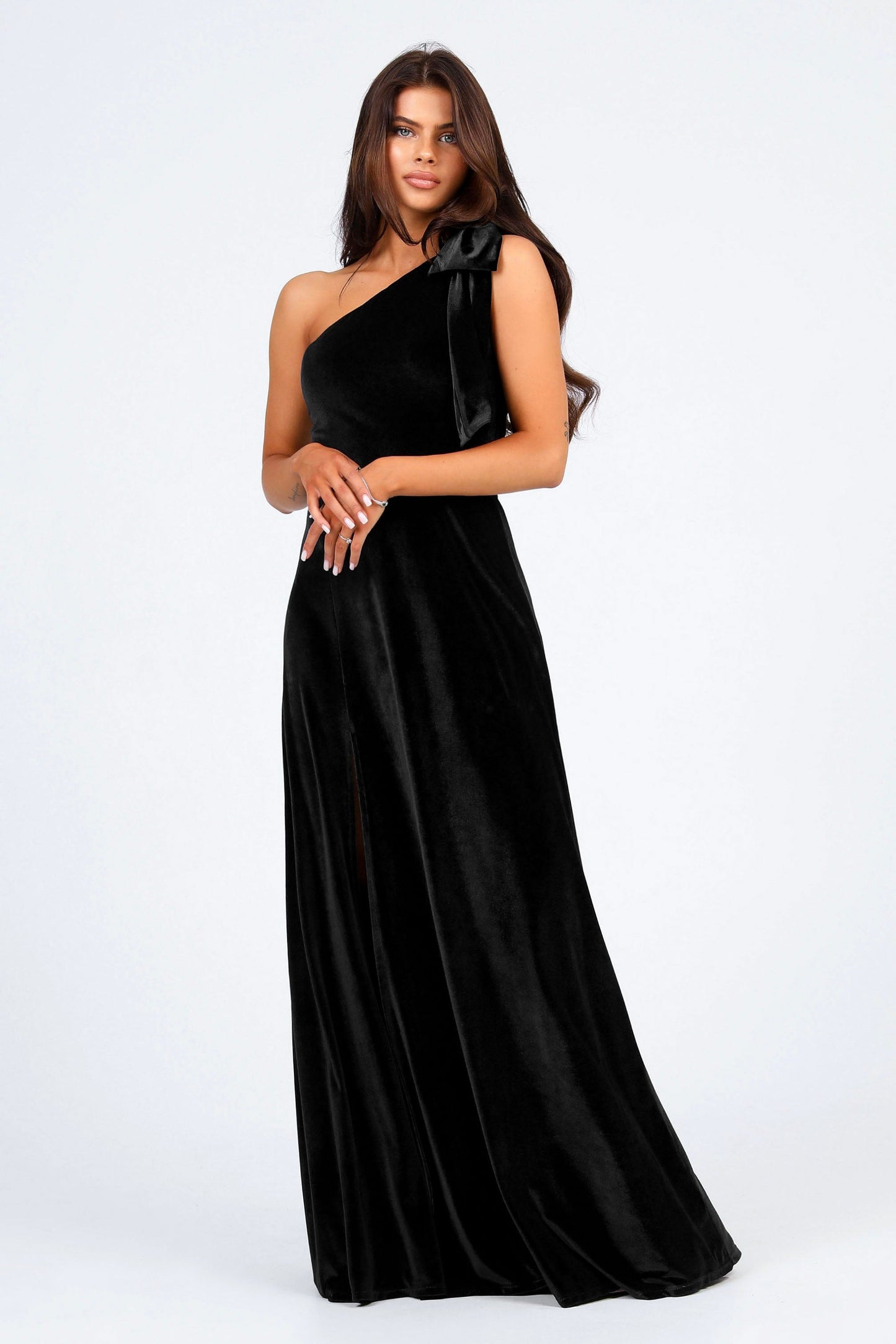 Black Velvet One Shoulder With Shoulder Bow Dress