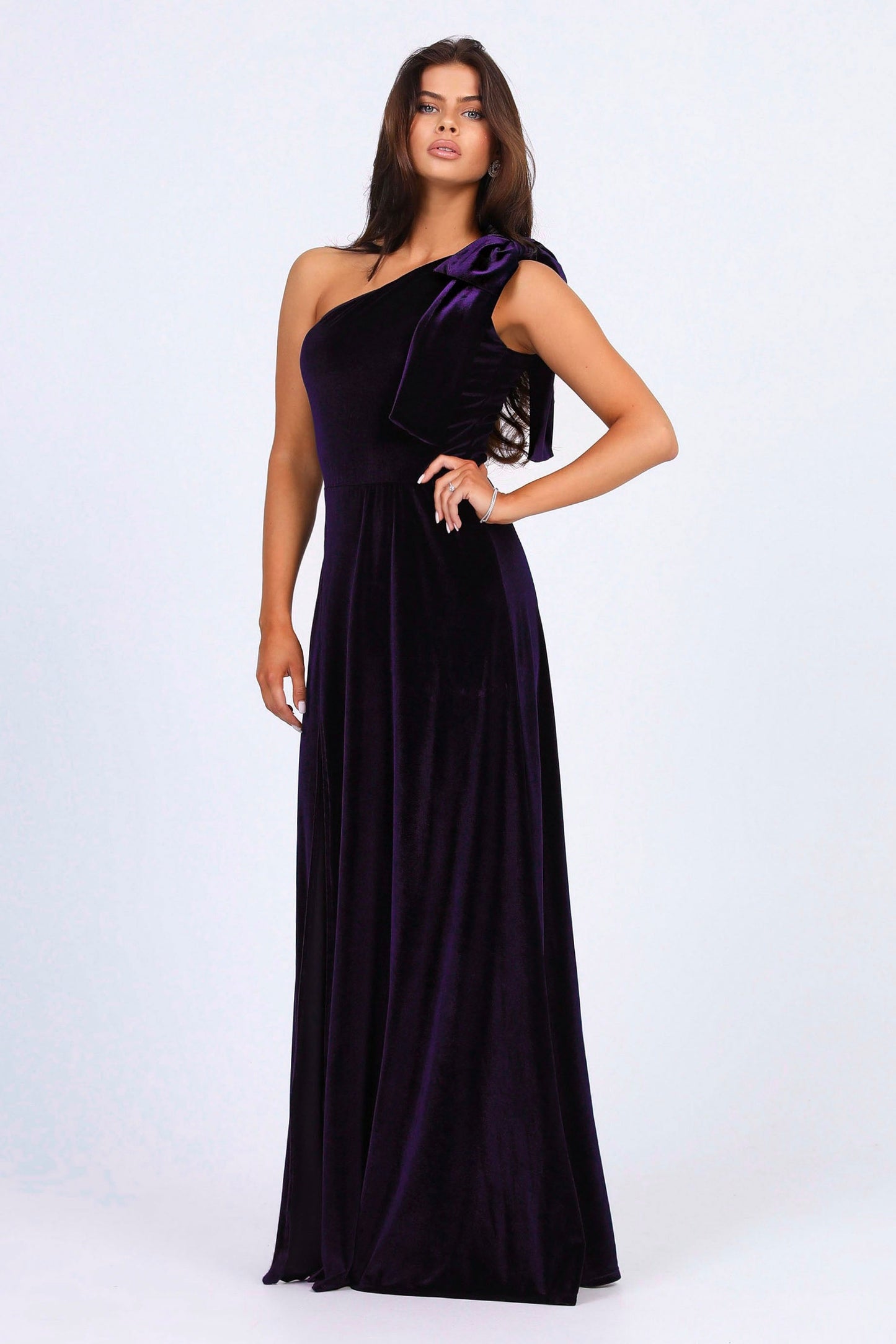 Plum Velvet One Shoulder With Shoulder Bow Dress