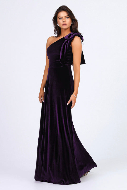 Plum Velvet One Shoulder With Shoulder Bow Dress