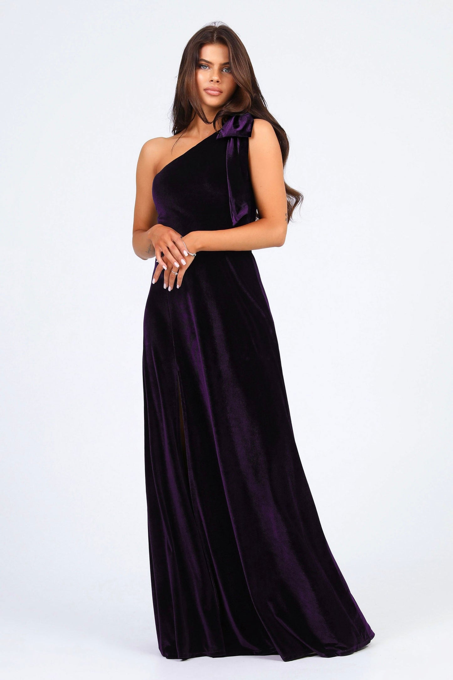 Plum Velvet One Shoulder With Shoulder Bow Dress