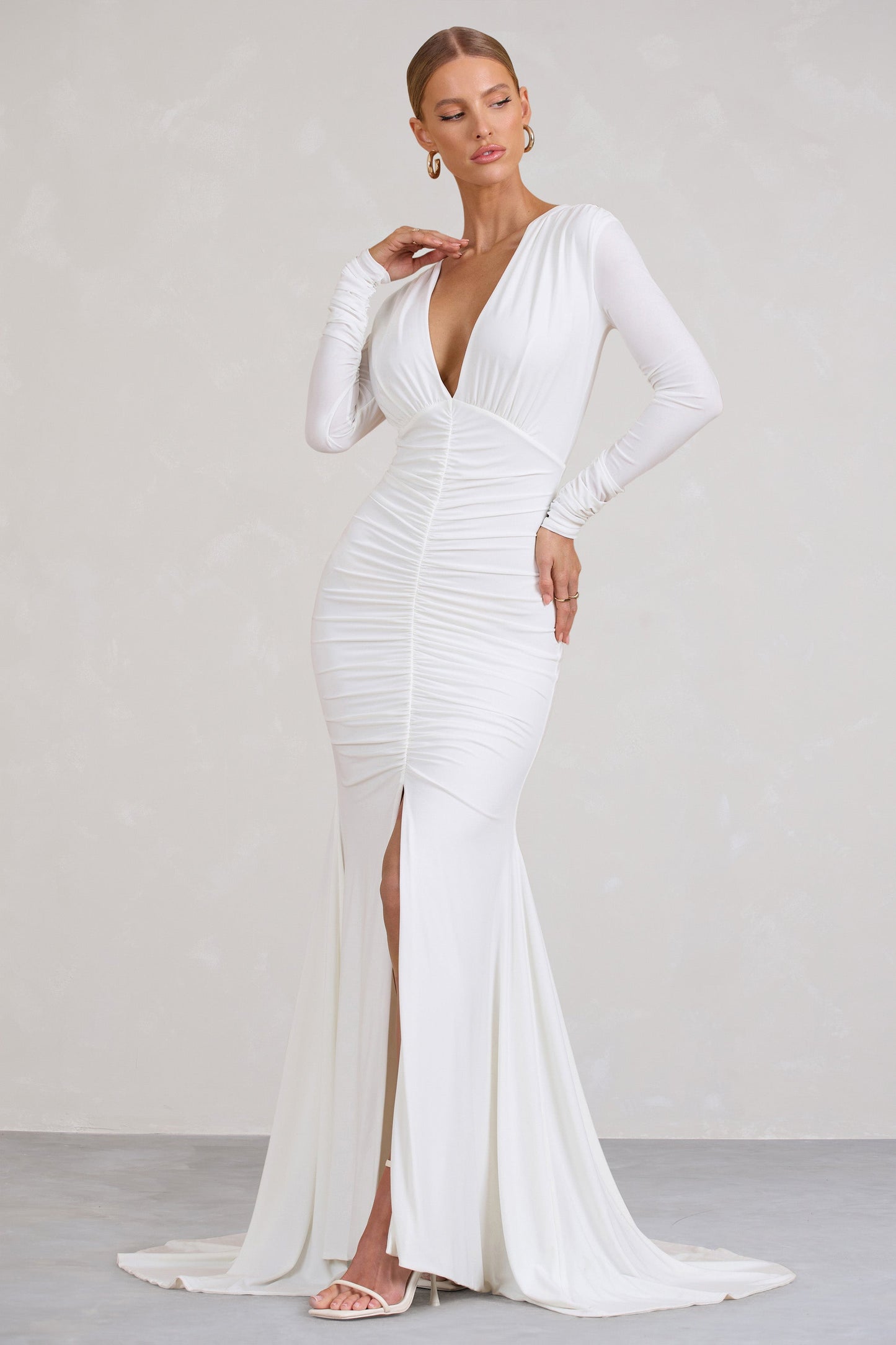 Demure | White Ruched Long-Sleeved Split Fishtail Maxi Dress