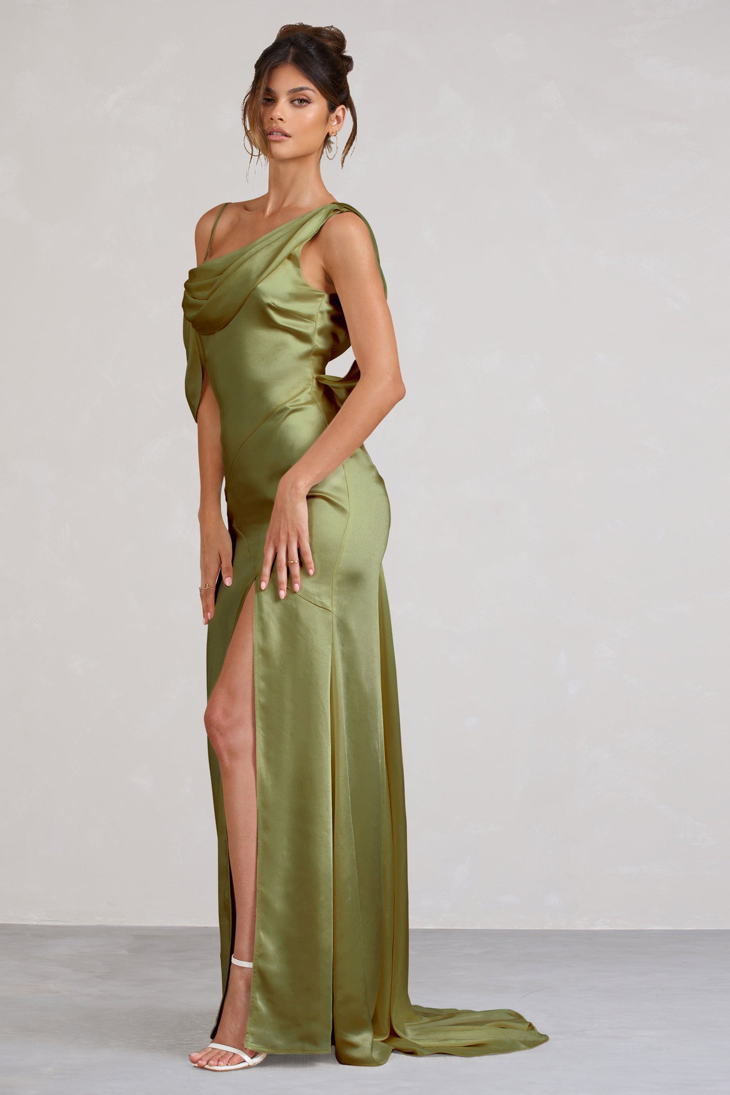 Jayne | Olive Satin Asymmetric Draped Split Maxi Dress