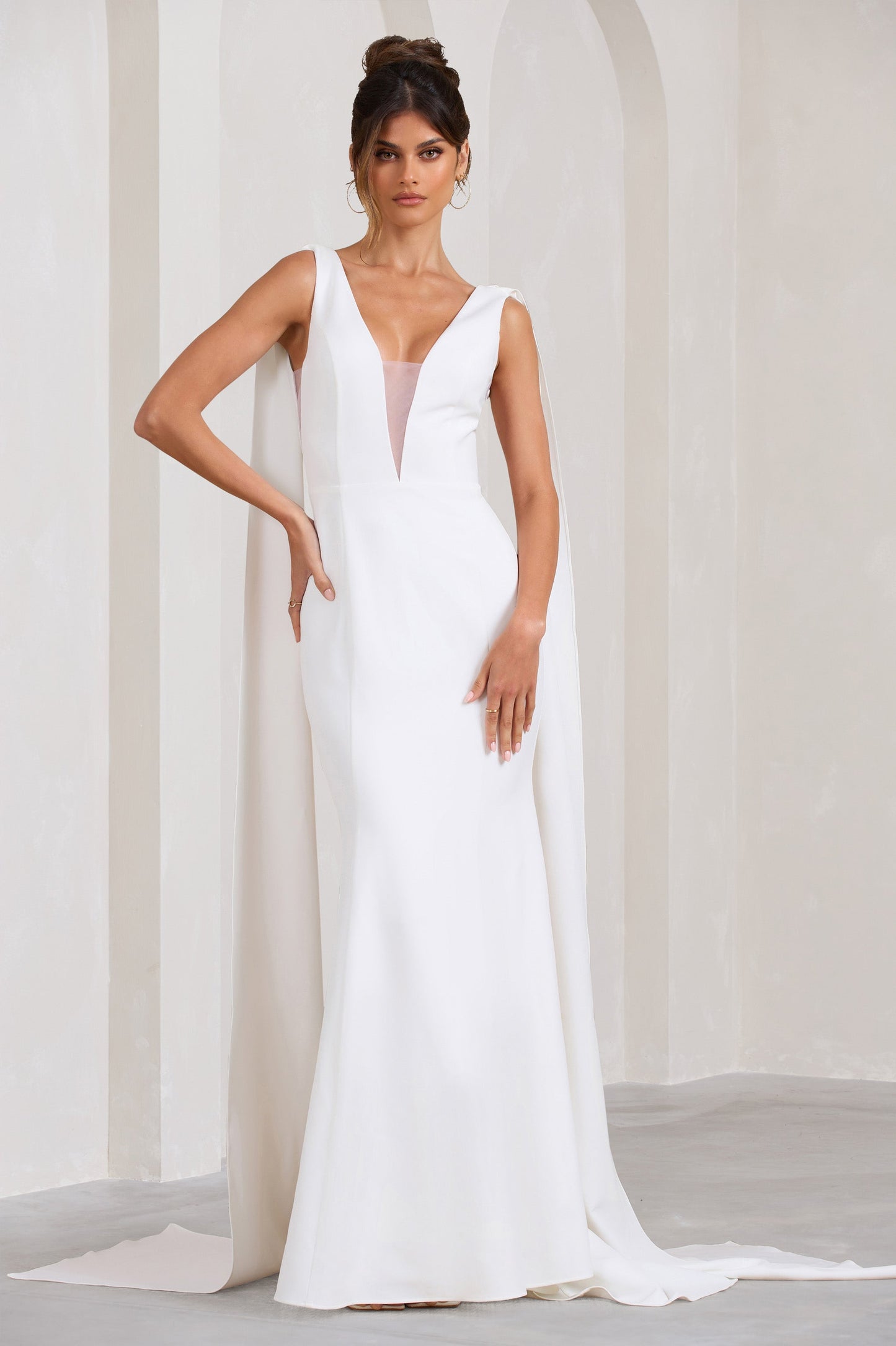 Rosaline | White Plunging Fishtail Maxi Dress With Cape