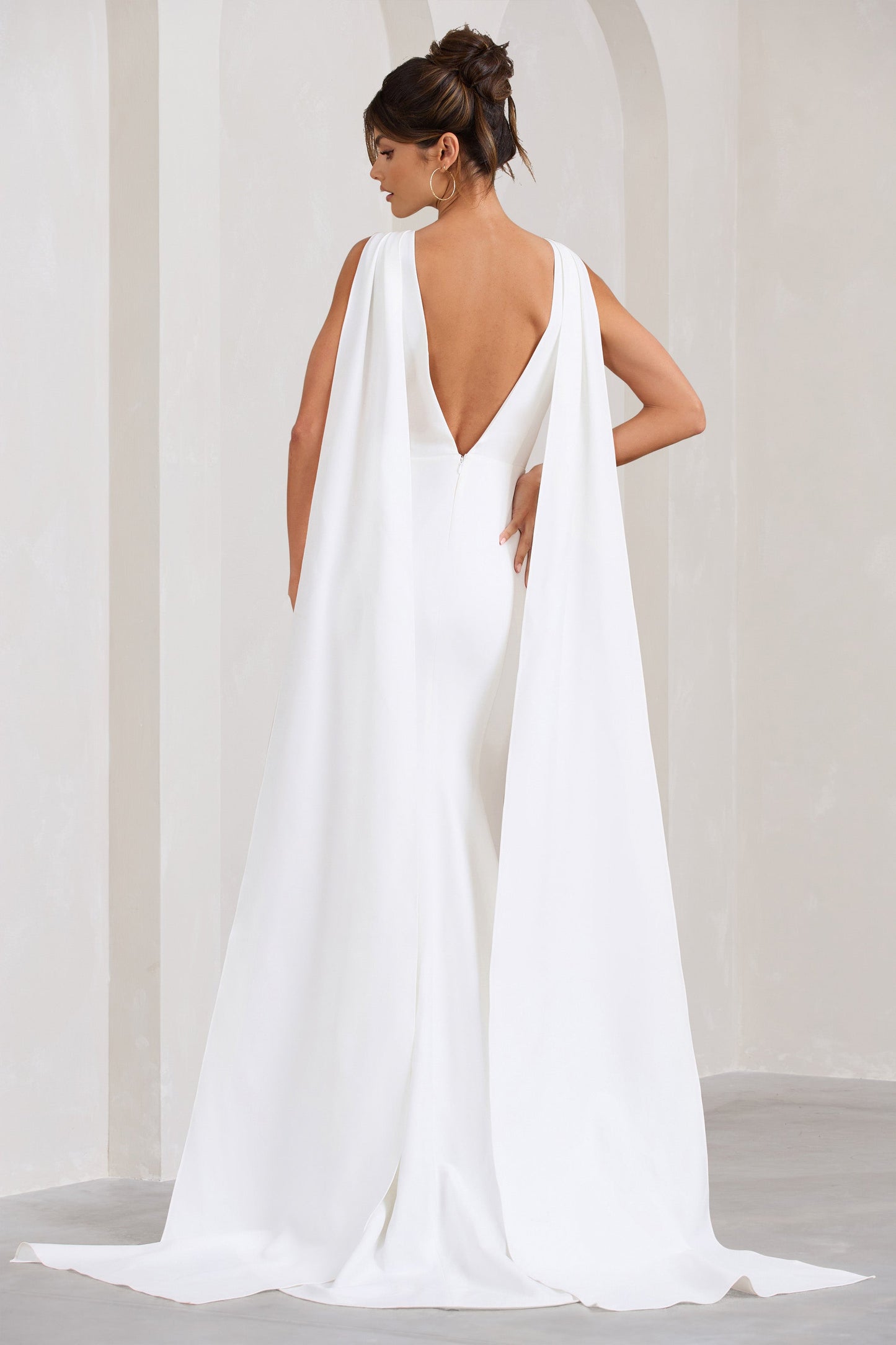 Rosaline | White Plunging Fishtail Maxi Dress With Cape