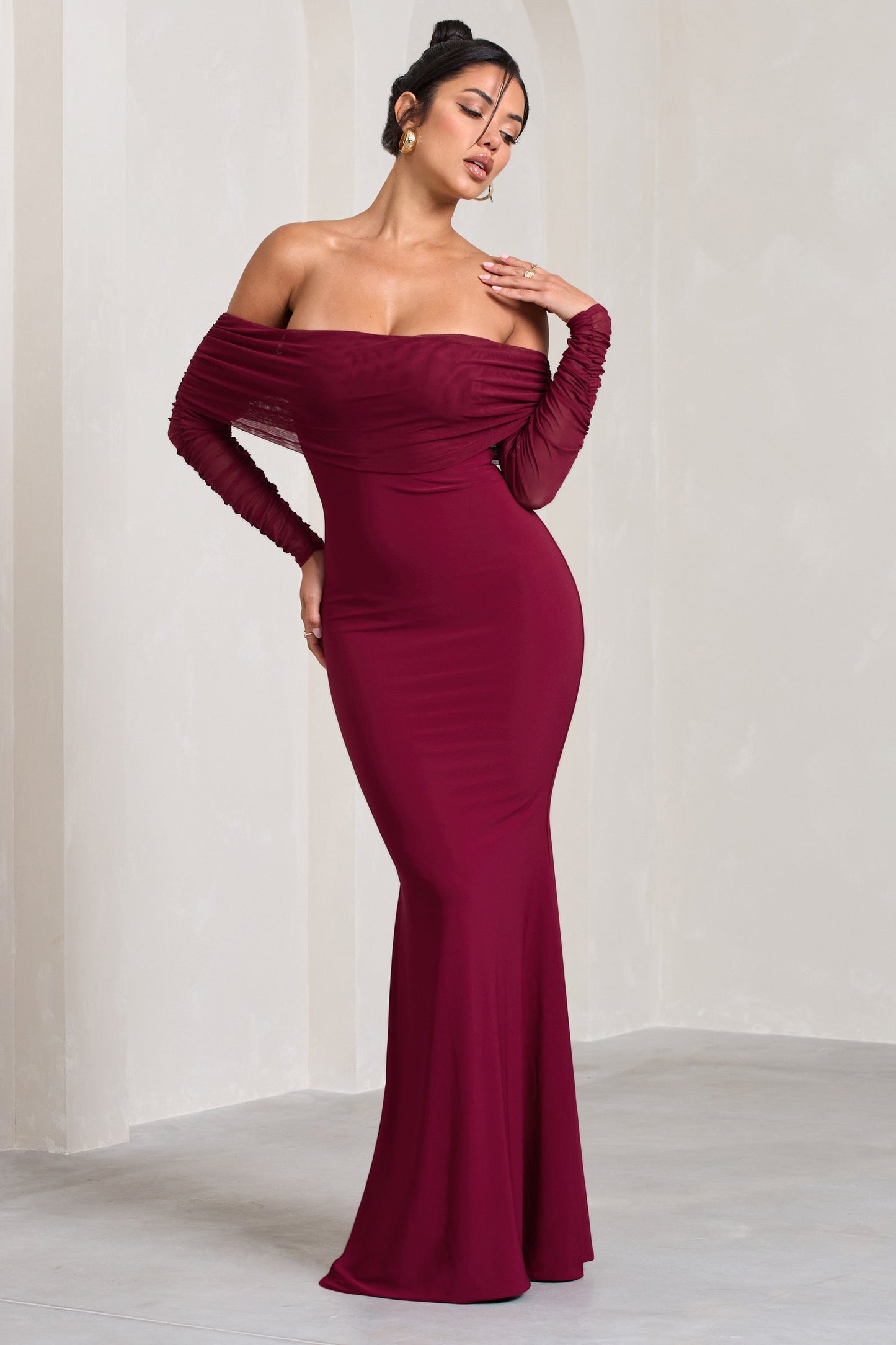 Madeleine | Berry Fishtail Maxi Dress With Bardot Mesh Long Sleeves