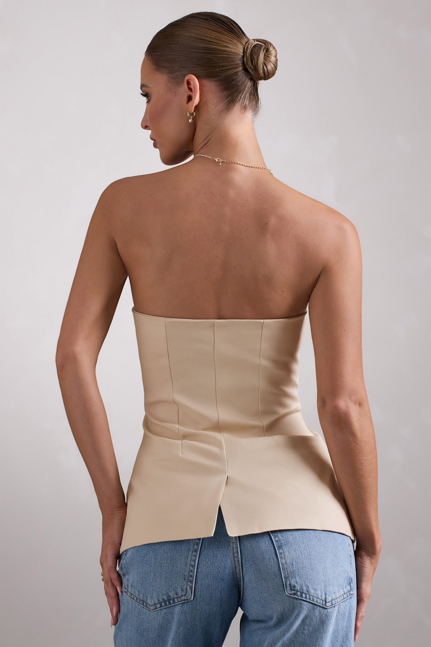 Elliana | Stone Strapless Button Front Tailored Top