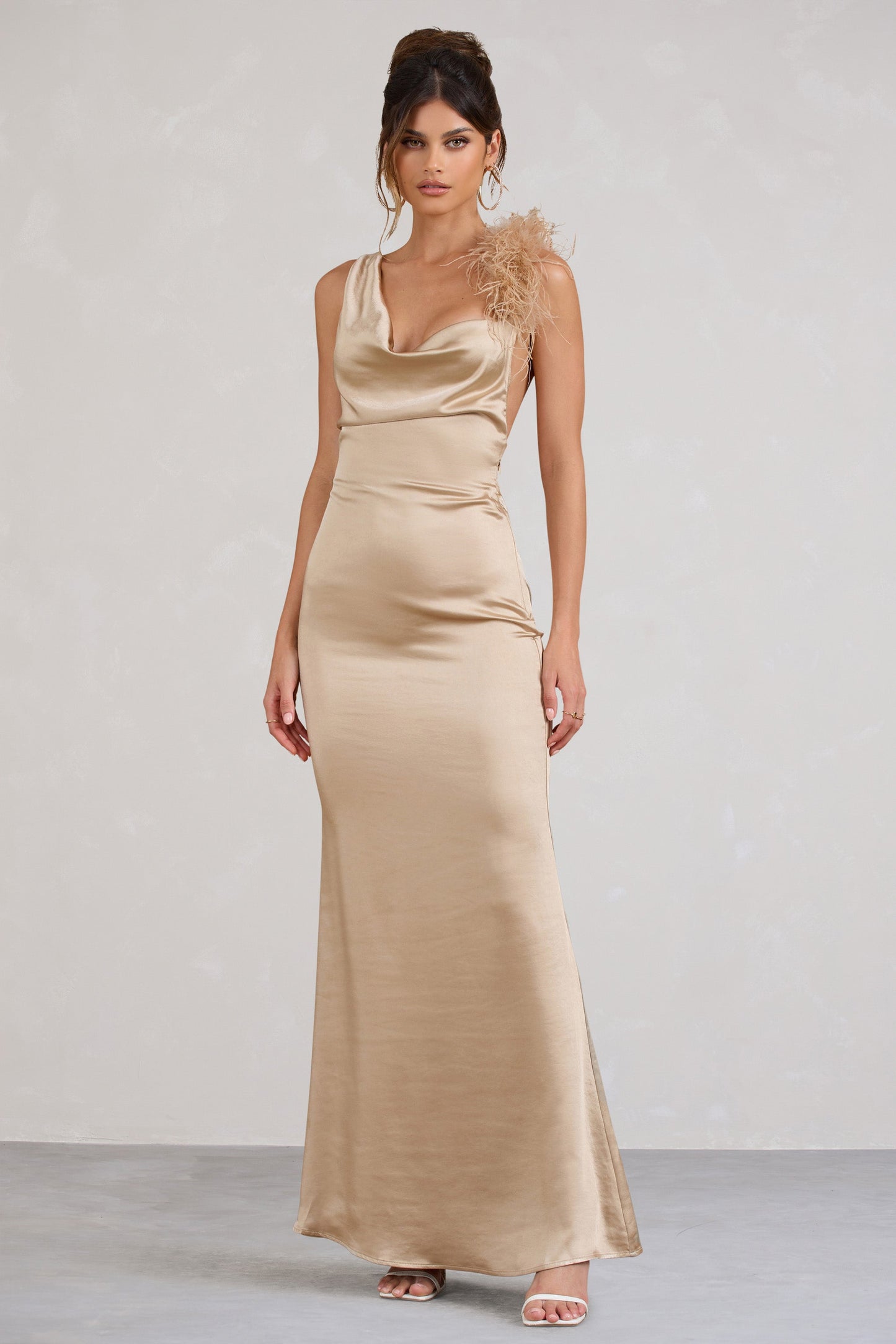 Cherish Me | Gold Satin Asymmetric Cowl Maxi Dress With Feather Strap