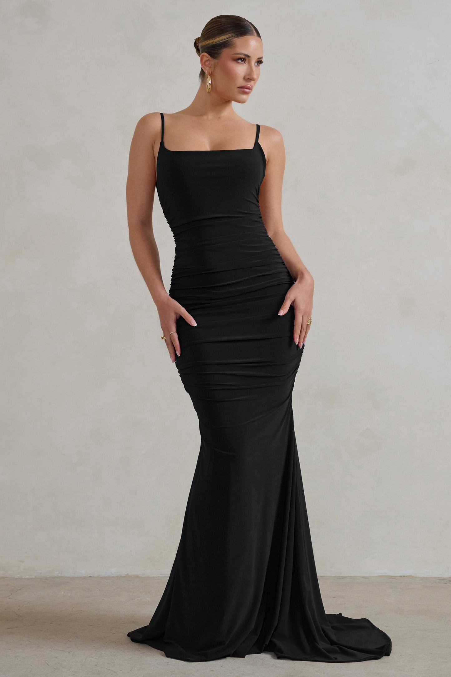 Adele | Black Ruched Fishtail Cami Maxi Dress