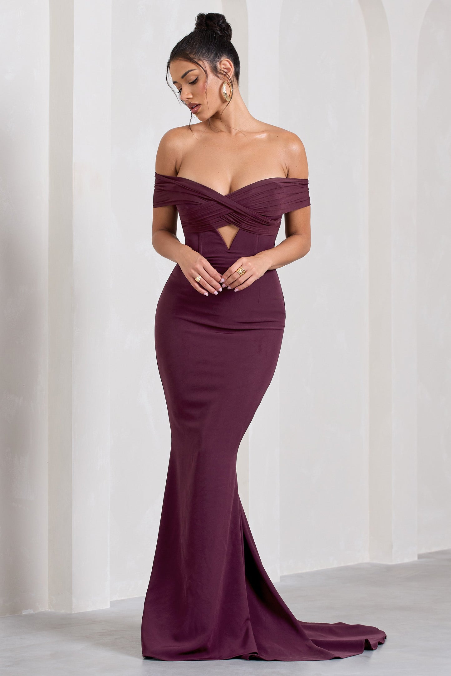 Inspiration | Burgundy Sheer Bardot Fishtail Maxi Dress