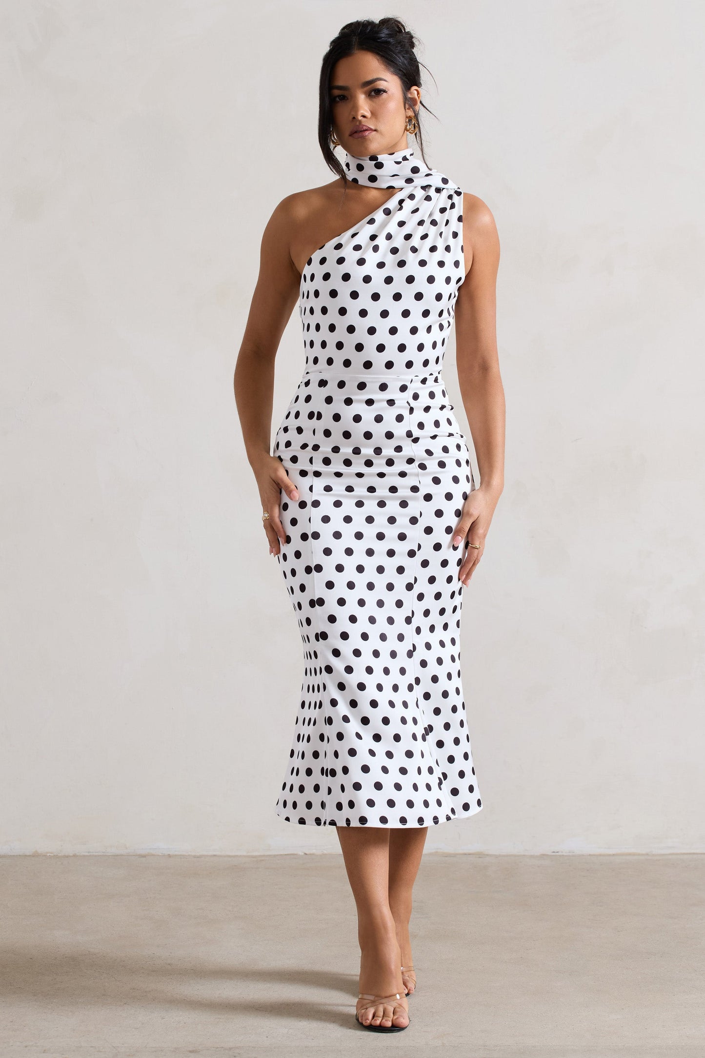 Golden Girl | White Polka Dot One Shoulder High-Neck Flared Midi Dress