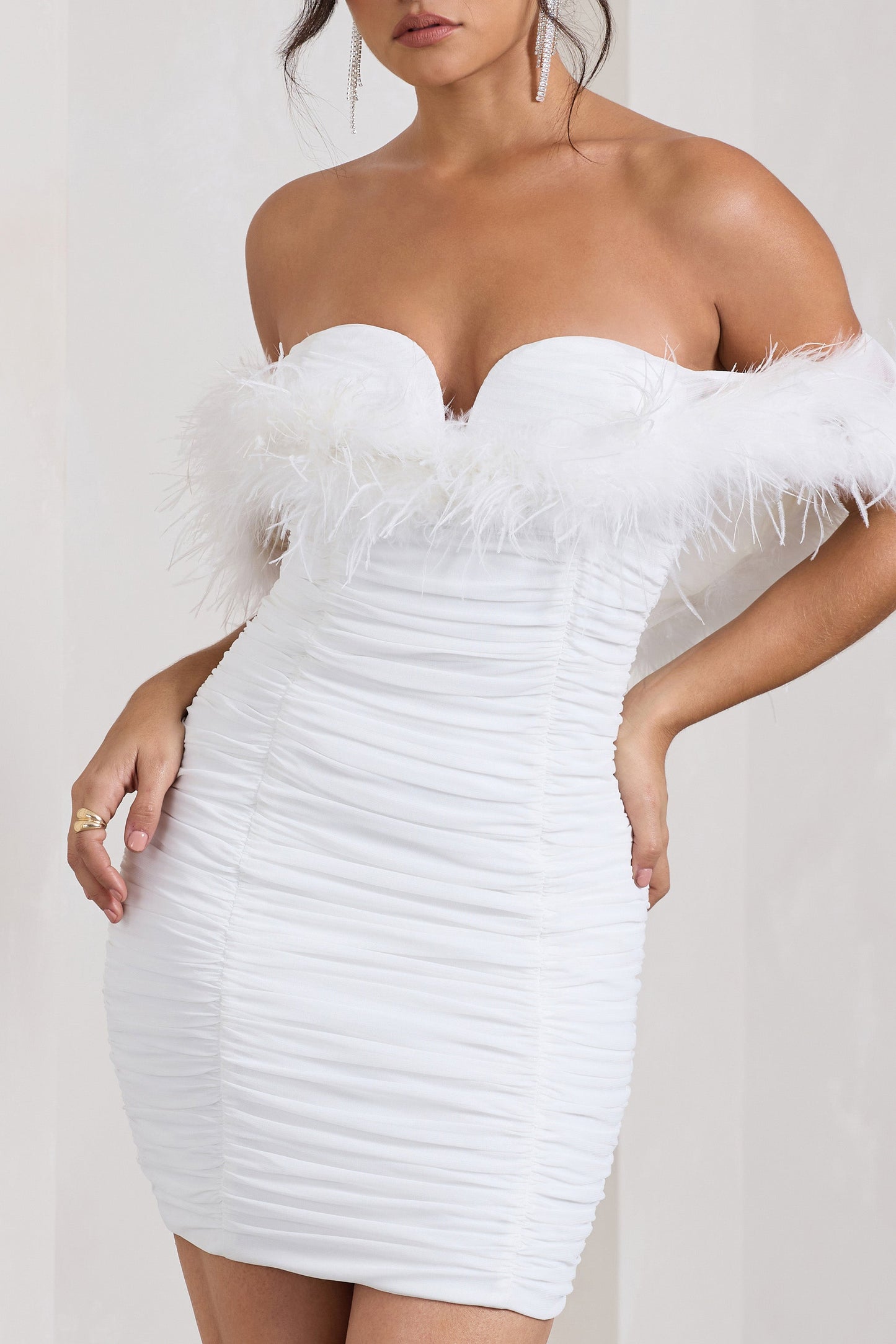 Confetti | White Sweetheart Mini Dress With Chiffon Feather Sleeves